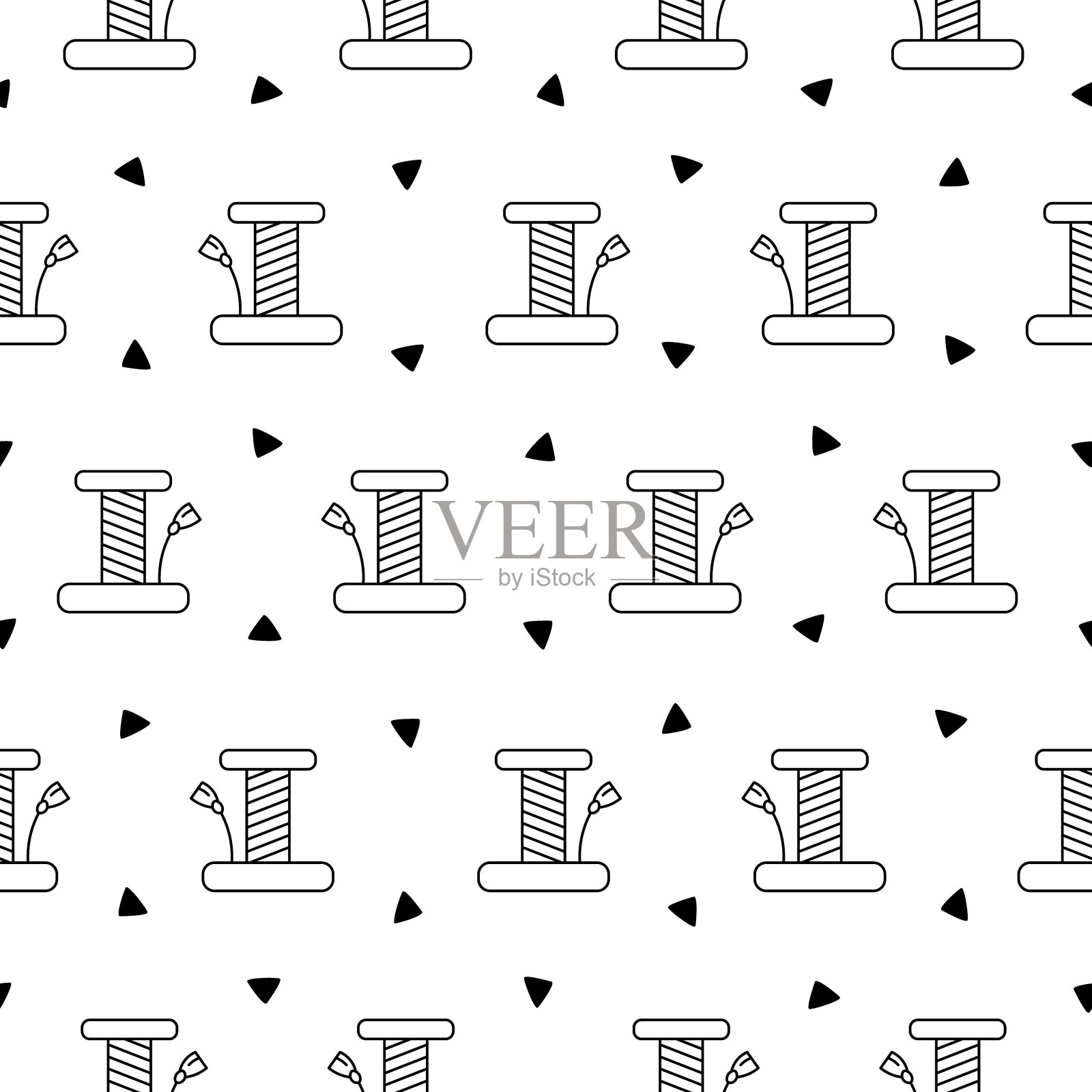 家猫的抓挠柱。无缝模式。着色页面。凯蒂的房子和家具。兽医店的商品。手绘风格。矢量图。设计的饰品。插画图片素材