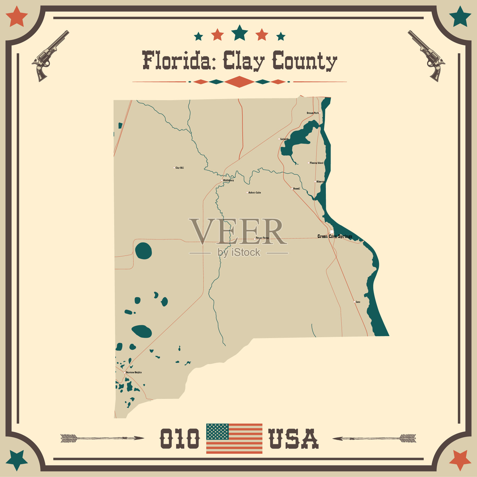 大而准确的克莱县地图，佛罗里达州，美国与复古的颜色。插画图片素材
