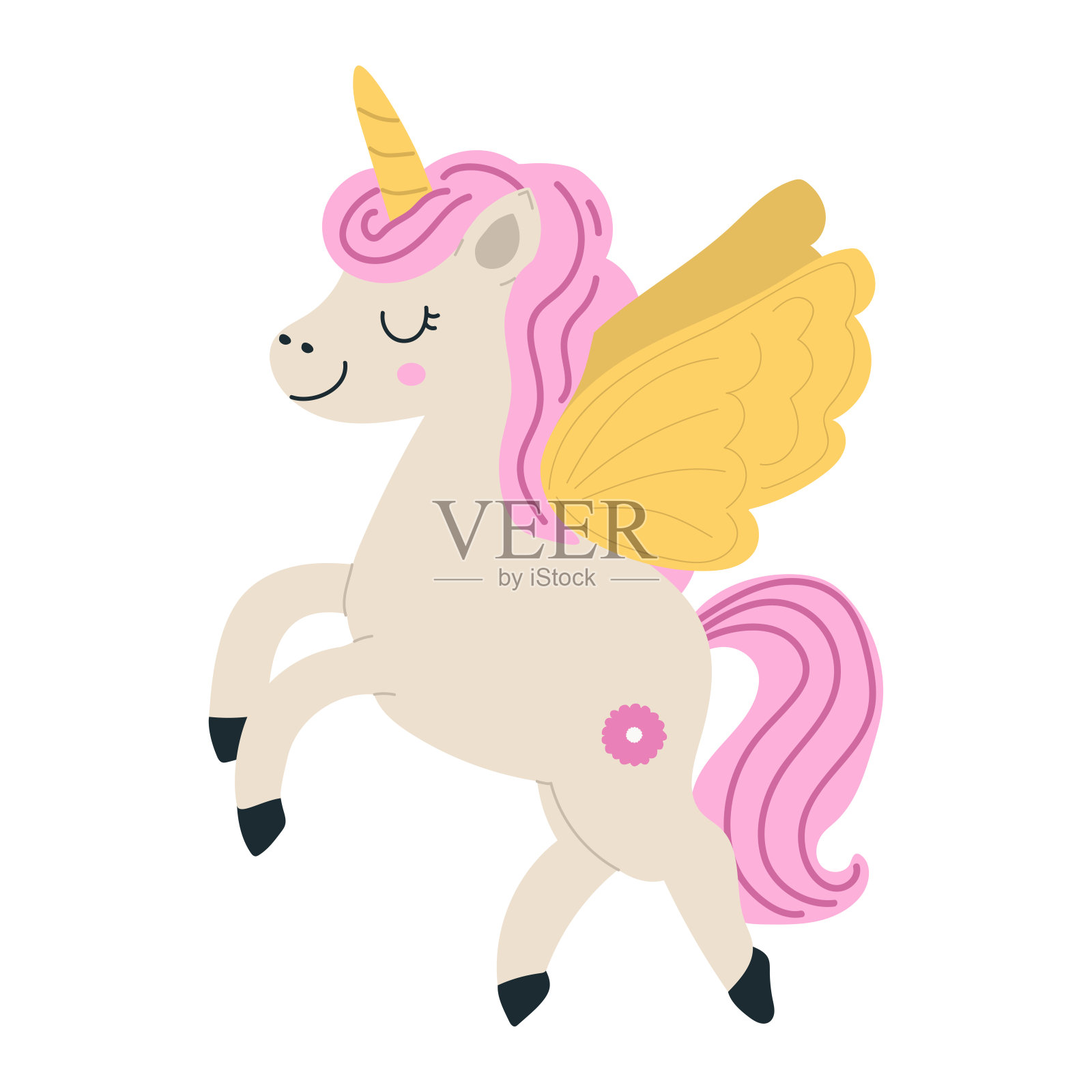 可爱的神奇独角兽在儿童风格孤立的白色背景。儿童幻想的特点。印在t恤或贴纸上插画图片素材