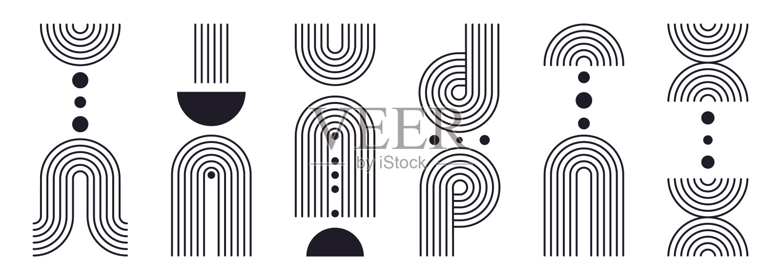 几何包豪斯条纹形状。抽象拱门人物，现代孟菲斯设计形状平面矢量插图集。当代极简元素插画图片素材