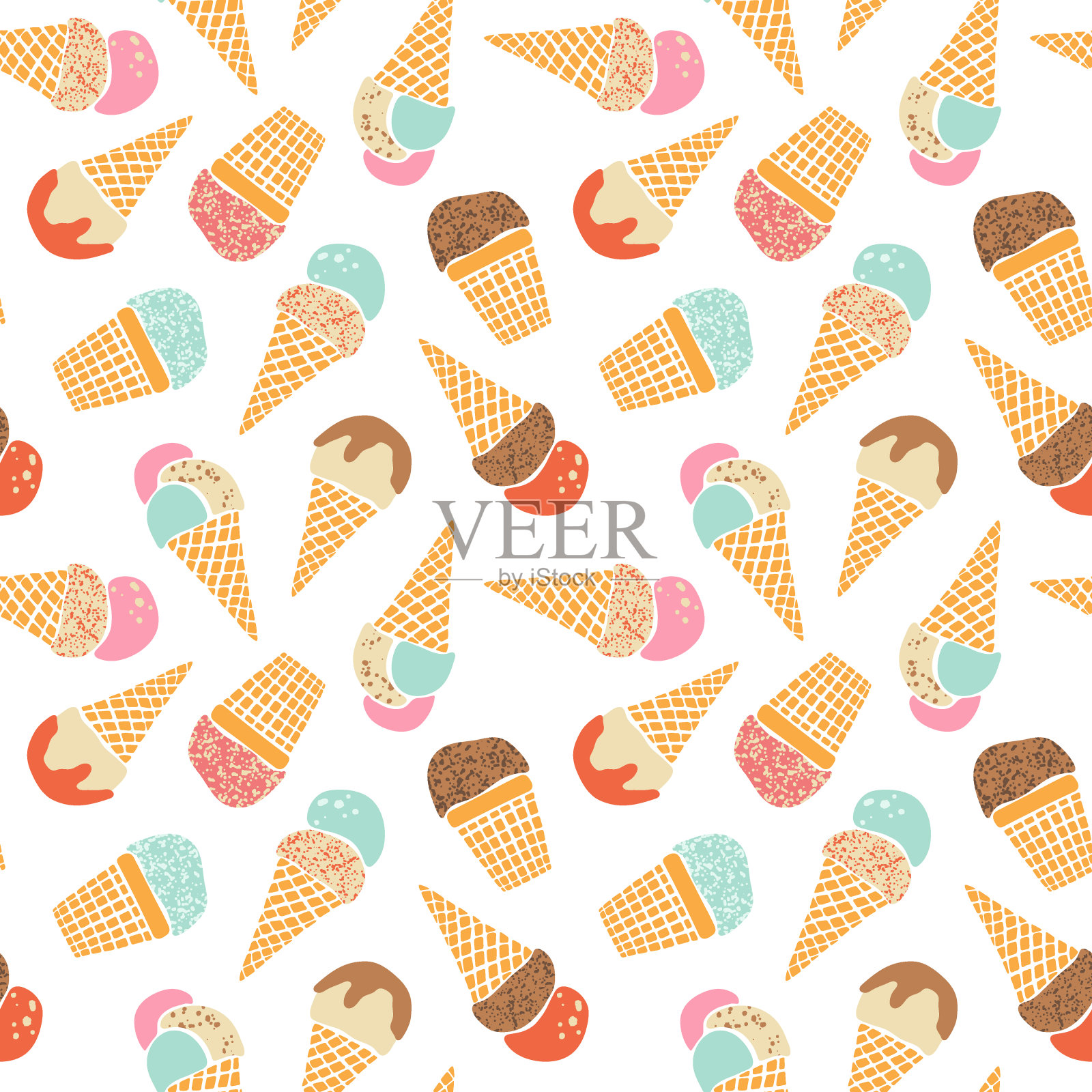 矢量冰淇淋华夫饼锥无缝图案。五颜六色的水果，香草和巧克力冰淇淋在白色的背景上重复设计插画图片素材