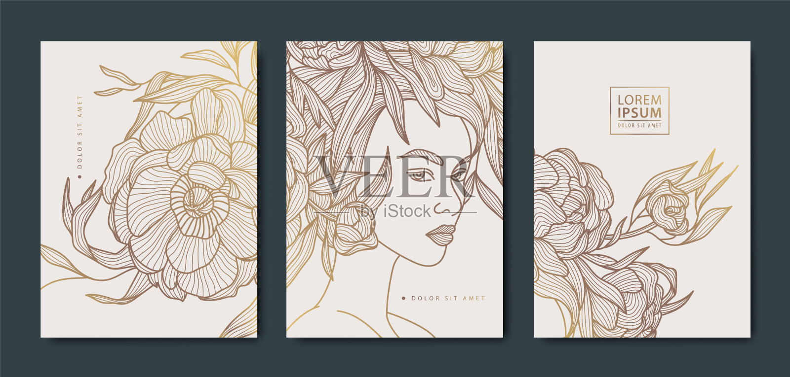 矢量集的女人线艺术封面，美丽的设计肖像与鲜花。女士时尚插画，日式风格图案插画图片素材