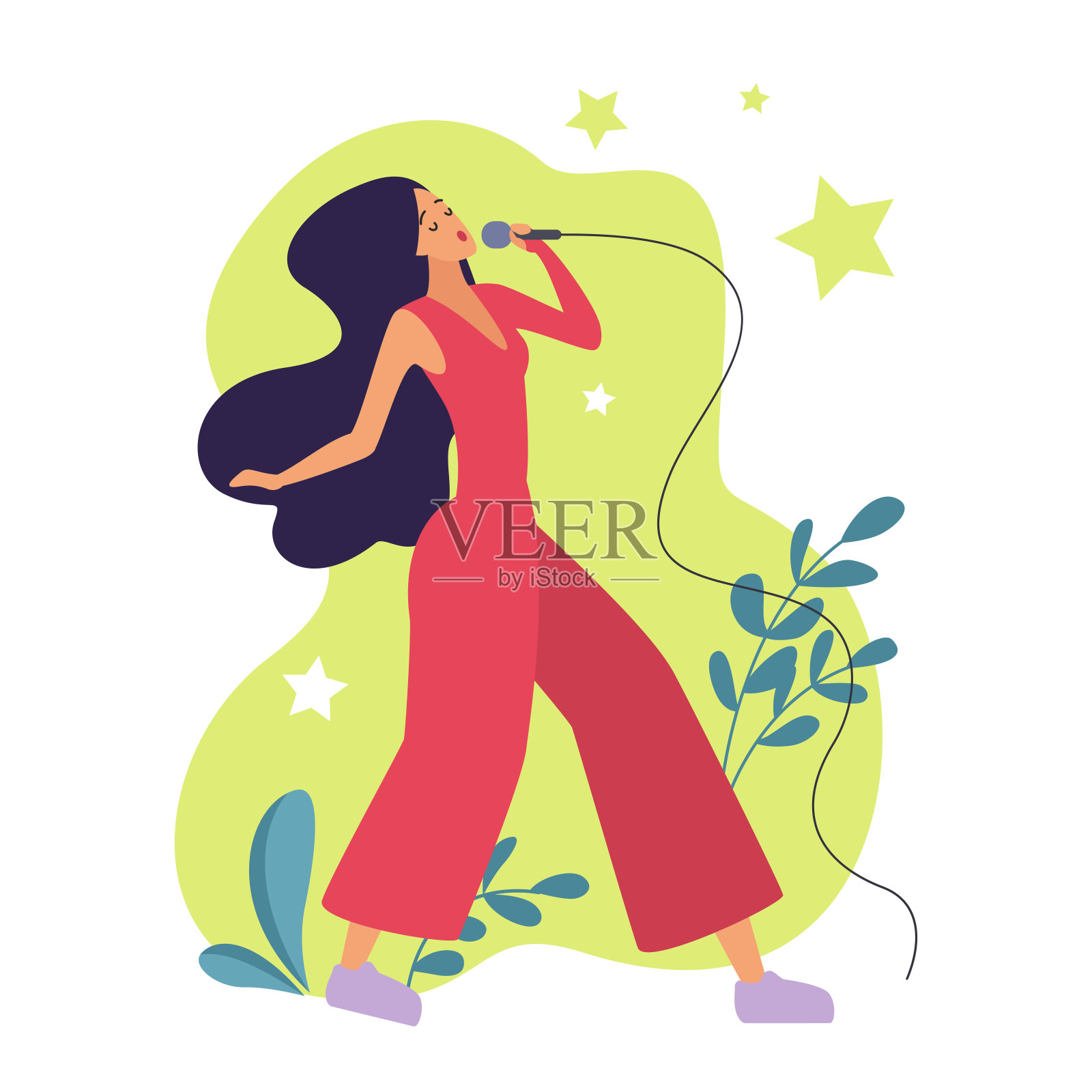 才艺女性角色的歌唱融入麦克风，激发个性情感和灵感插画图片素材