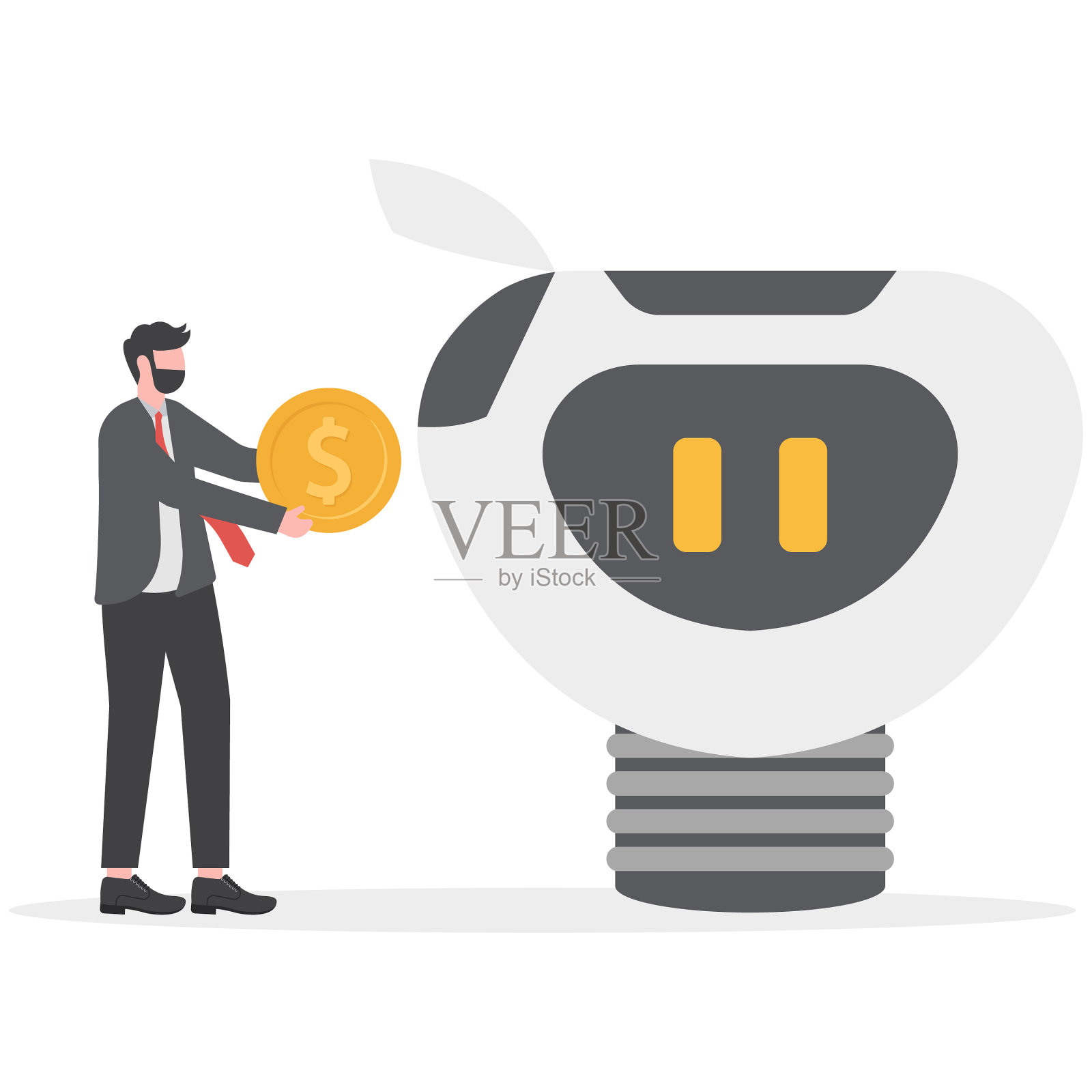 人工智能与未来的工作插画，以一位商人为例，他带着钱让人工智能机器人帮他完成工作，用人工智能进行工作的概念插画图片素材