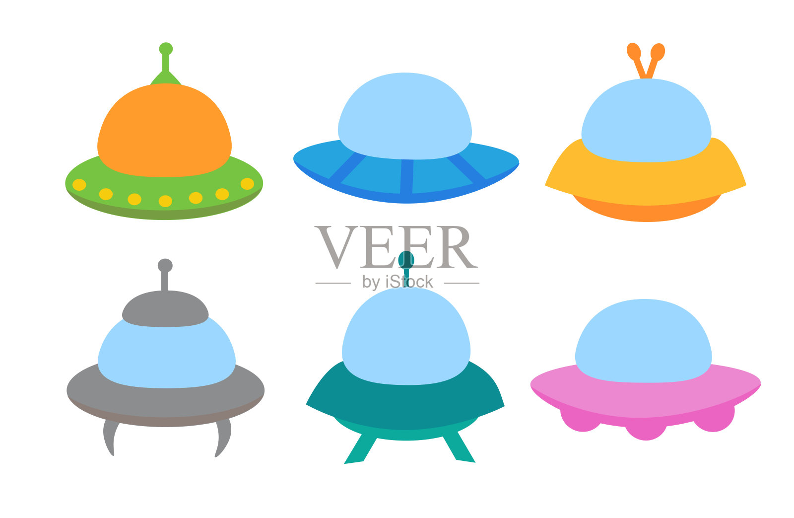 外星飞船，宇宙飞船和不明飞行物集。宇宙飞船的形式碟运输。儿童剪贴画。矢量卡通平面插图的空间设计。插画图片素材