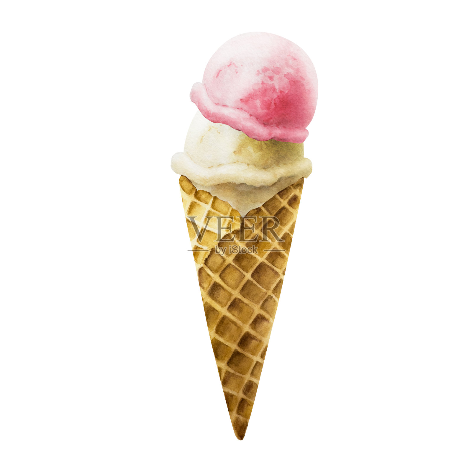 香草，草莓，覆盆子冰淇淋在脆脆的华夫蛋筒。手绘甜水彩插图孤立的背景。用于设计师、菜单、商店、装饰、餐厅，用于明信片、包装纸、封面插画图片素材