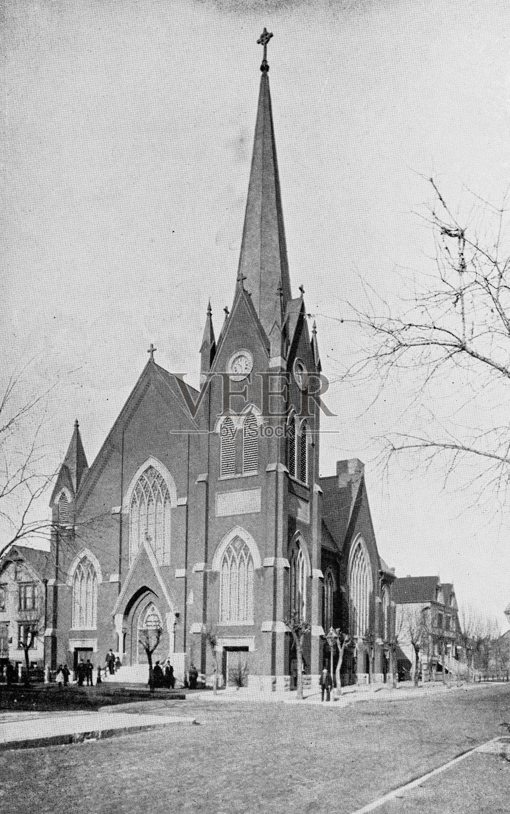 芝加哥的古董照片:教堂，贵族街插画图片素材