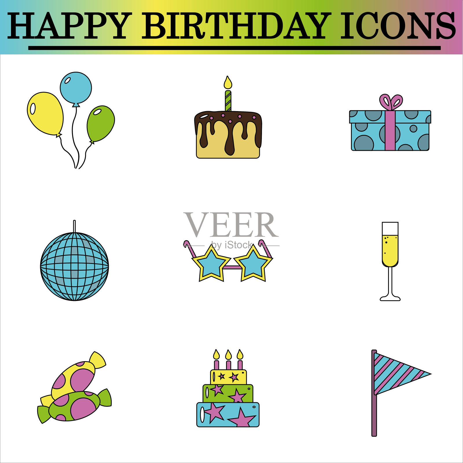 白色背景上的生日平面图标集。插画图片素材