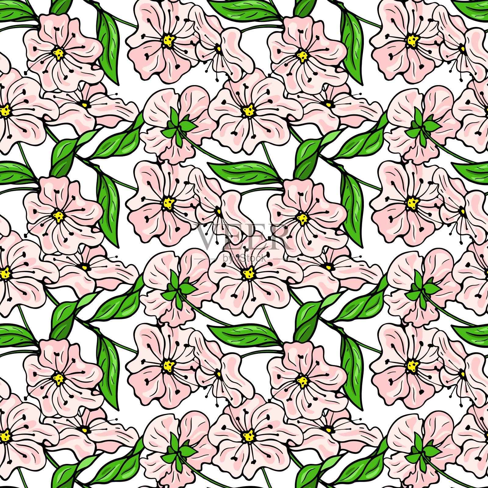 粉红色的樱花。花和绿叶。无缝图案集。矢量插图。插画图片素材