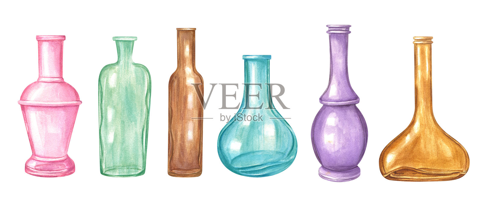 各种不同形状、大小的彩色空玻璃瓶，色调柔和。创意玻璃器皿套装。用于艺术项目，家居装饰和室内设计。水彩插图孤立在白色插画图片素材