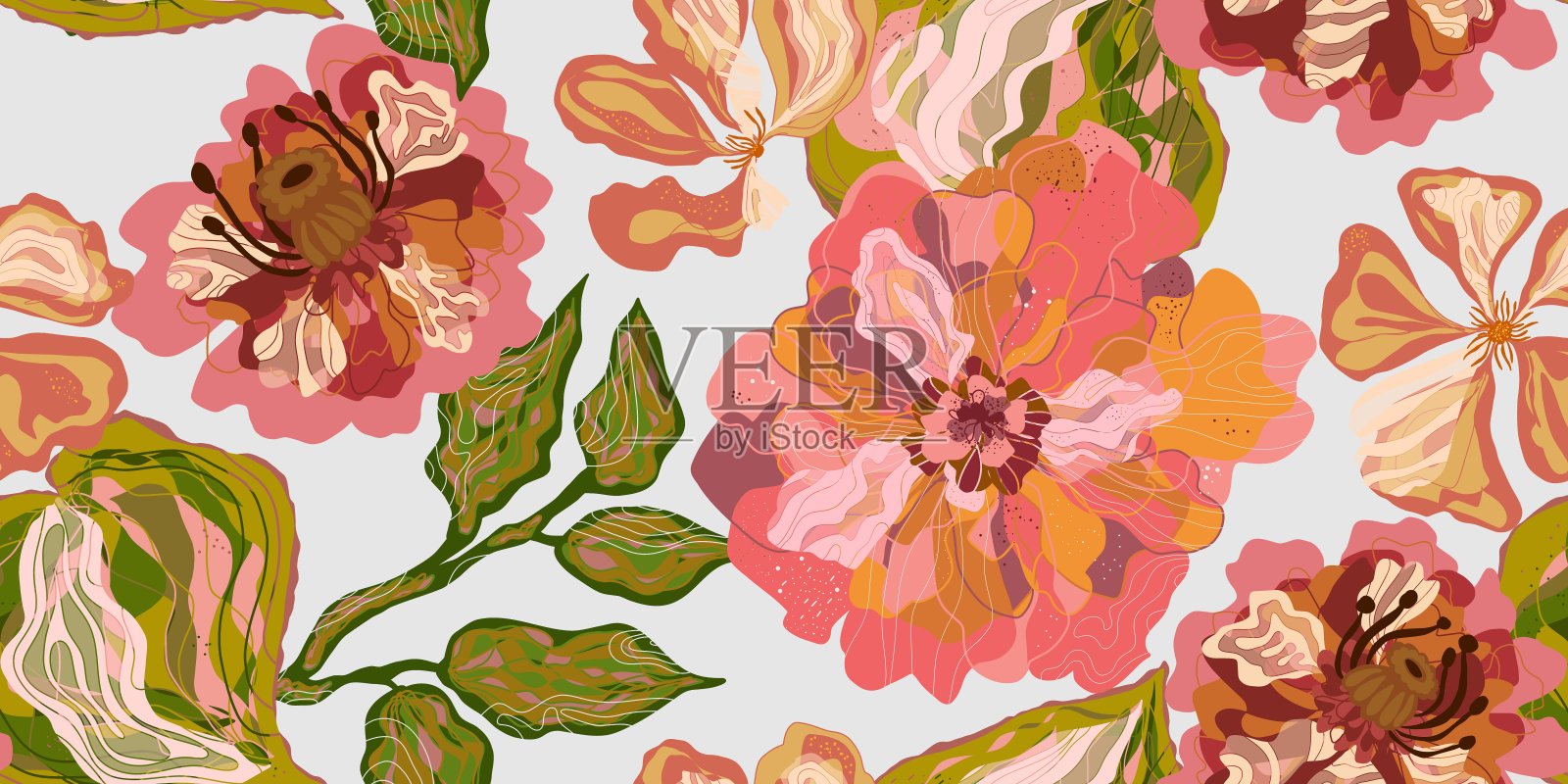 幻想风格化盛开的花卉图案与牡丹花，无缝无尽的矢量关系与重叠的图案插画图片素材