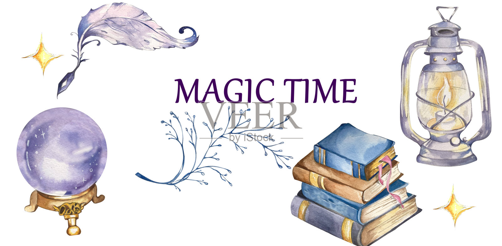 万圣节。神秘的集合。采购产品魔法球，星星，吊坠，护身符，羽毛，书籍。水彩插图。为网站，福利，明信片，礼品包装，邀请的设计。插画图片素材