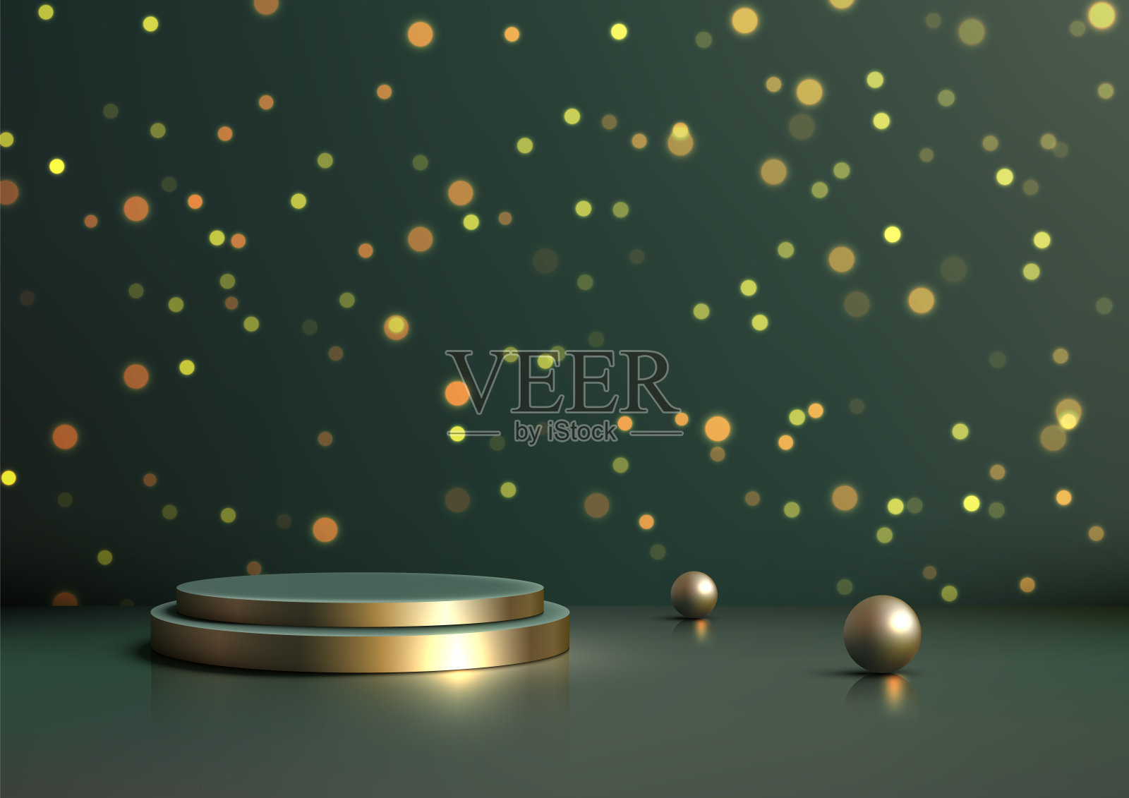 豪华3D金讲台与两个球在绿色背景与散景，优雅的产品展示和模型插画图片素材