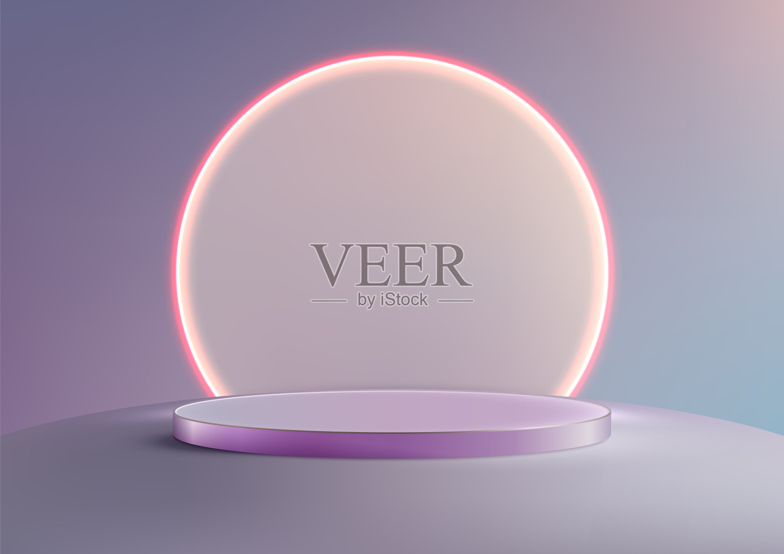 3D圆形讲台与发光的粉红色霓虹灯边缘，未来的技术概念，在明亮的背景下展示产品插画图片素材