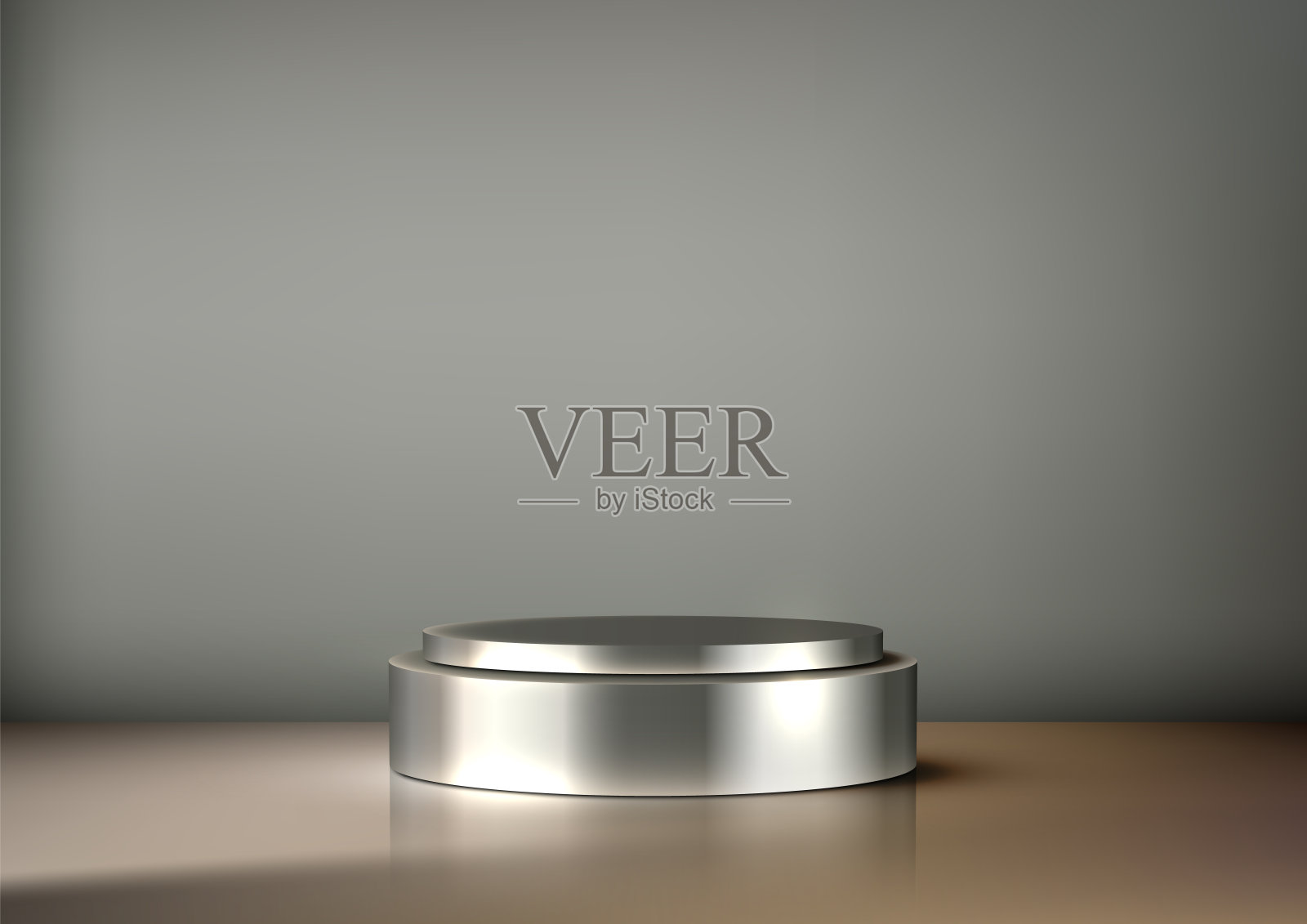 木质桌子上的三维不锈钢金属讲台，灰色墙壁背景，用于产品展示，模型，工业概念插画图片素材