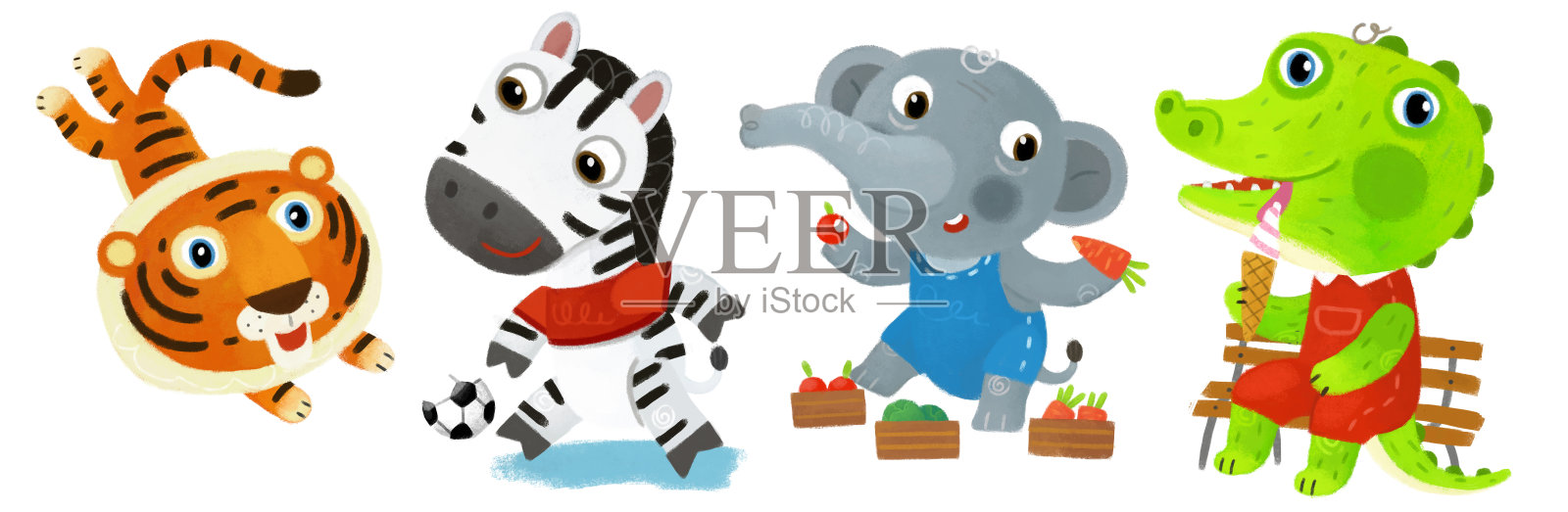 卡通场景与快乐的小男孩虎猫和斑马马与球有乐趣的白色背景插图的孩子插画图片素材