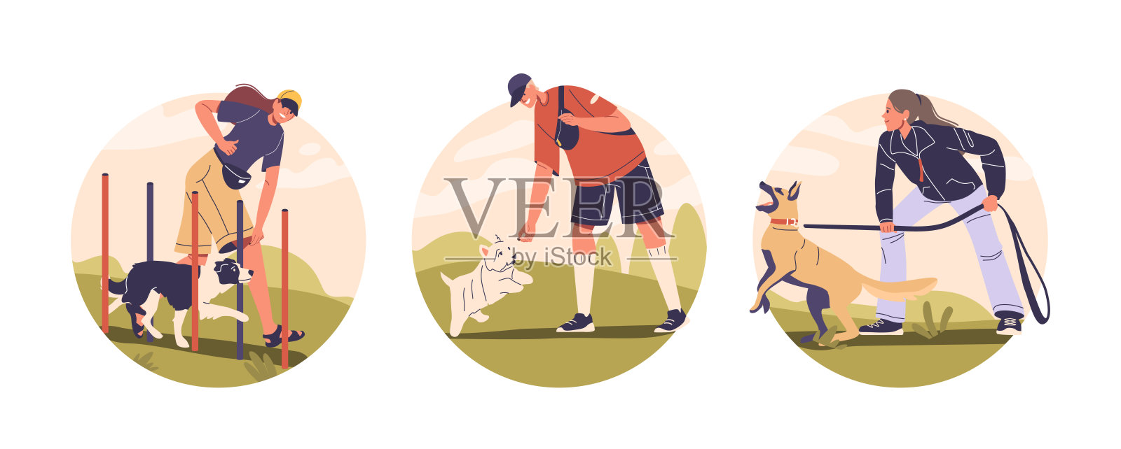 宠物训练，狗的行为和户外活动孤立的矢量圆形图标。在院子里训练狗的各种技巧插画图片素材