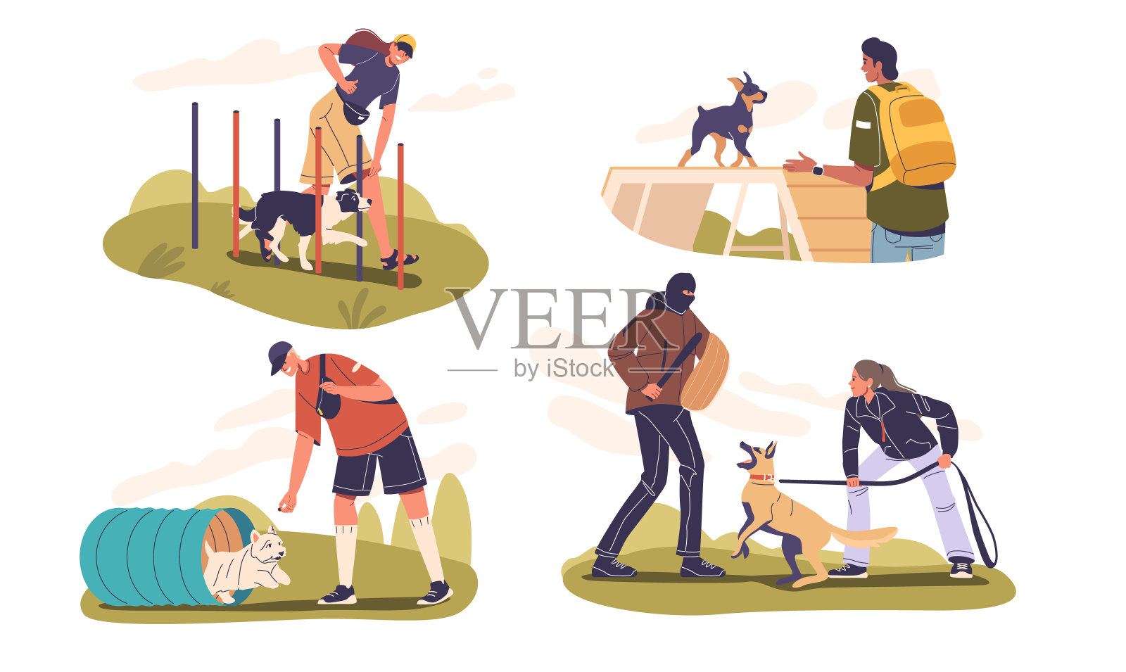 各种狗训练活动在院子设置，包括敏捷练习和服从训练。宠物护理的概念插画图片素材