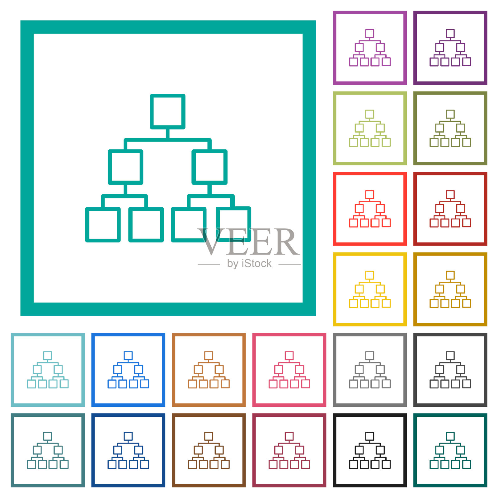 组织结构图向下轮廓平面彩色图标与象限框架插画图片素材