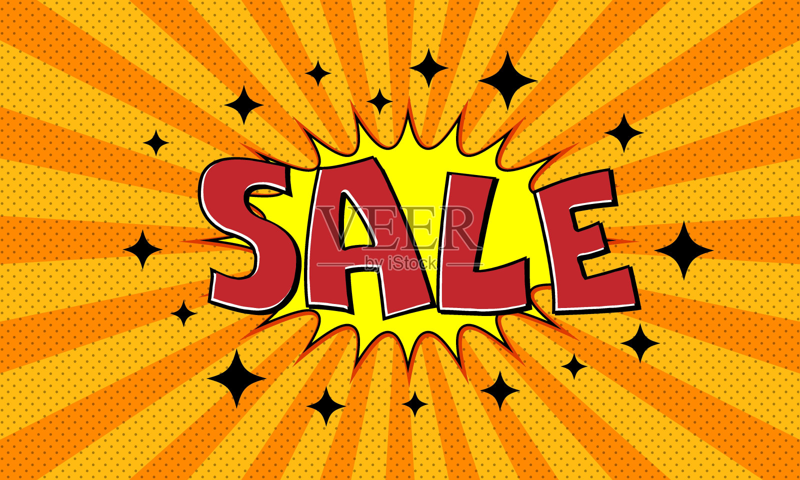 矢量橙色广告横幅与文字销售在流行艺术漫画风格插画图片素材