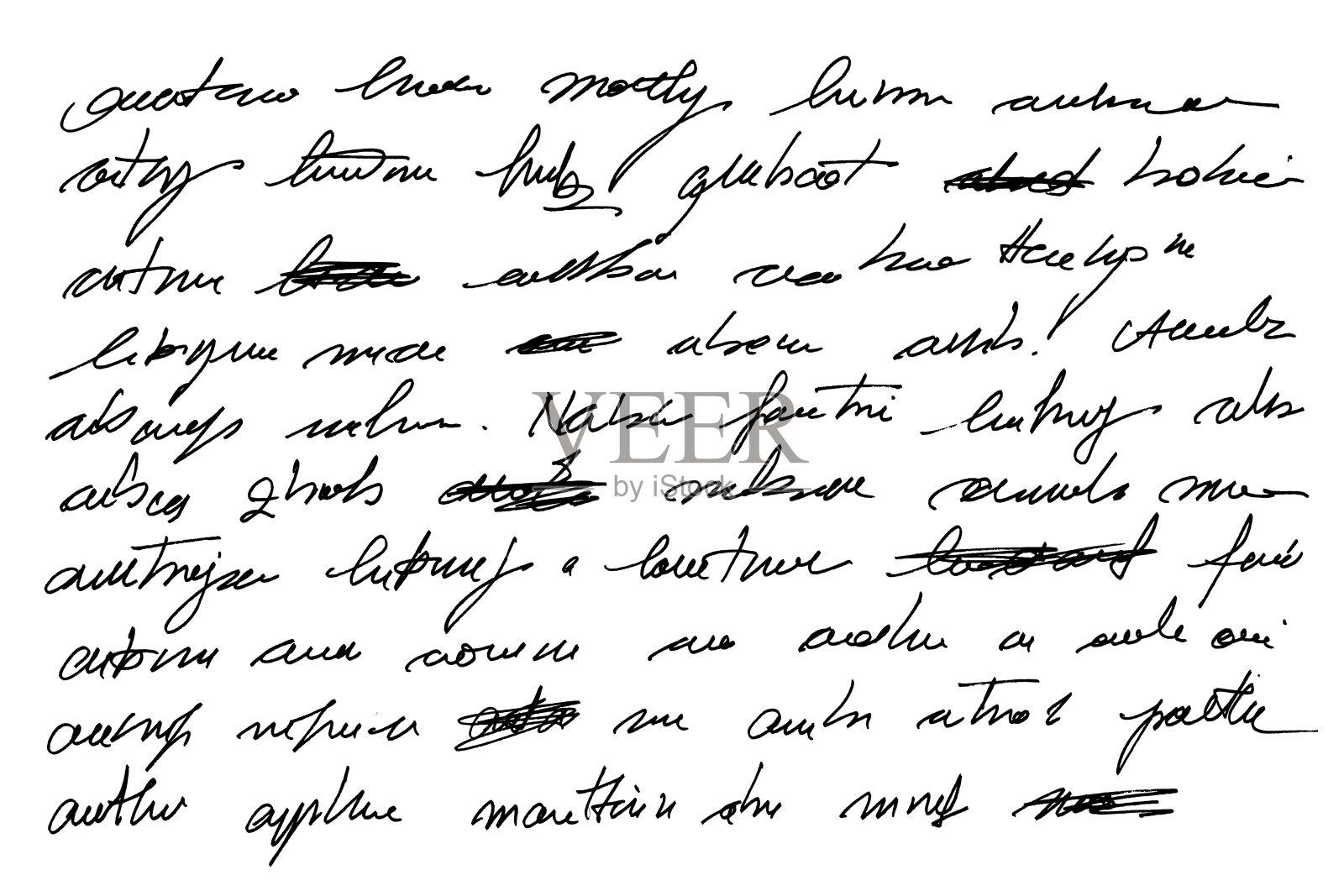 用墨水手写的抽象文字。无法读懂的文字加上划掉的字。难以辨认的文本页与错误。插画图片素材