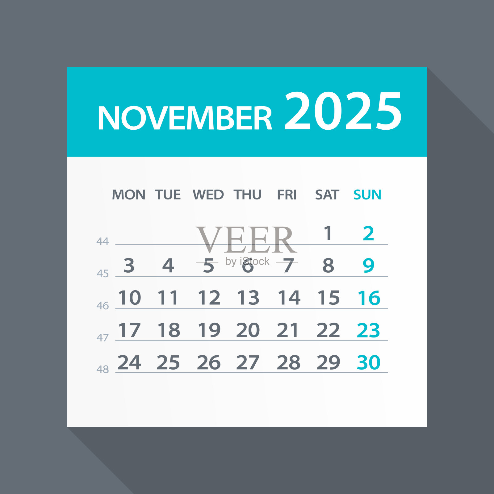 十一月2025日历绿叶-矢量插图。一周从周一开始插画图片素材