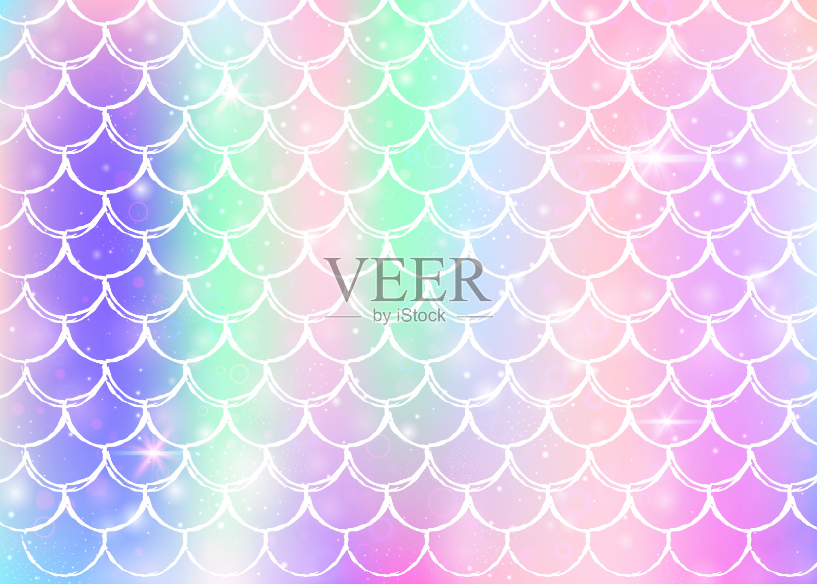 彩虹鳞片背景与卡哇伊美人鱼公主图案。插画图片素材