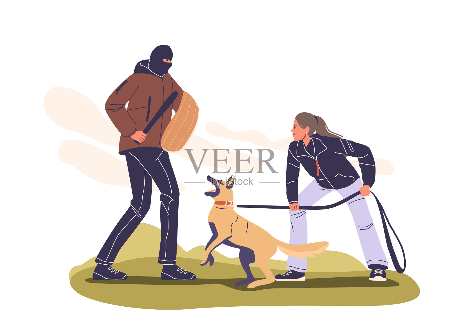 一名妇女在院子里训练一只看门狗，教练穿着防护装备。狗正在学习保护技能插画图片素材