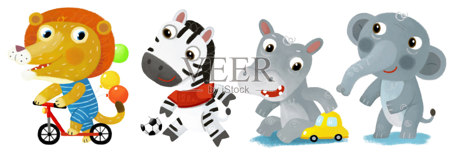 卡通场景与快乐的小男孩狮子猫骑摩托车和斑马马与球有乐趣的白色背景插图的孩子插画图片素材