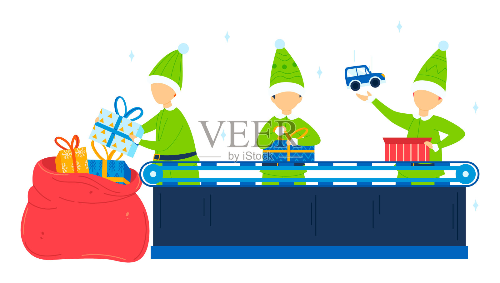 孩子们装扮成圣诞老人精灵，把礼物装进红色的大袋子里，孤立的白色背景矢量插画图片素材