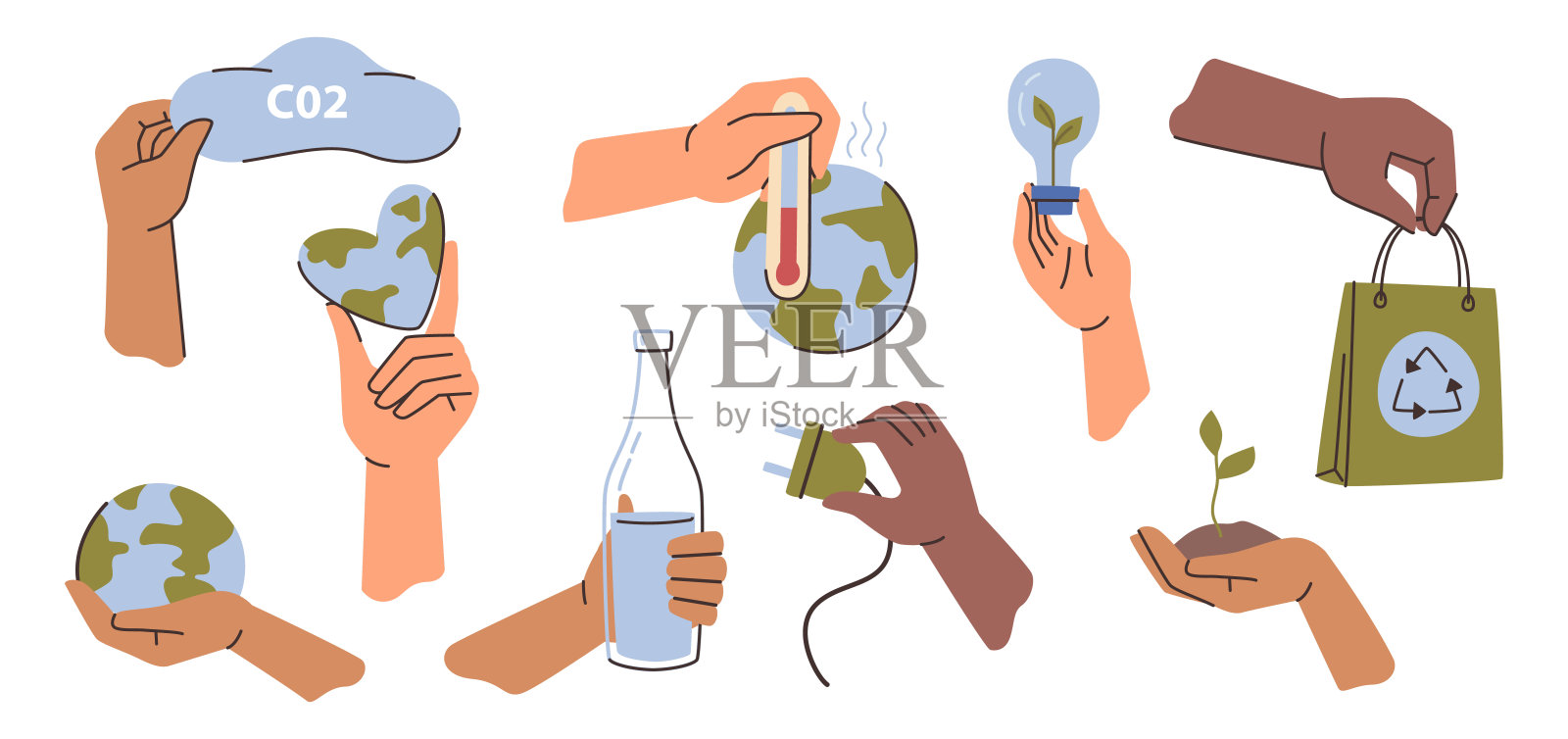 自然保护和气候变化问题。载体隔离一套手持地球仪，回收袋，玻璃瓶二次再利用，电源插座和土壤与生长的绿色植物插画图片素材