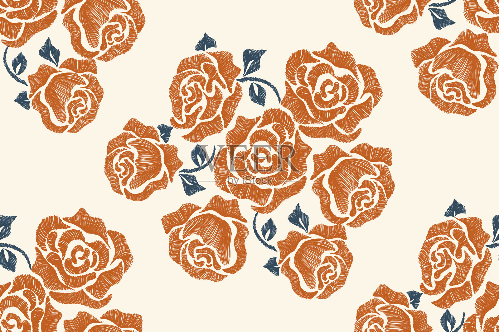 波西米亚玫瑰图案无缝。橙色玫瑰复古波西米亚伊卡特刺绣纹理设计矢量插图。插画图片素材