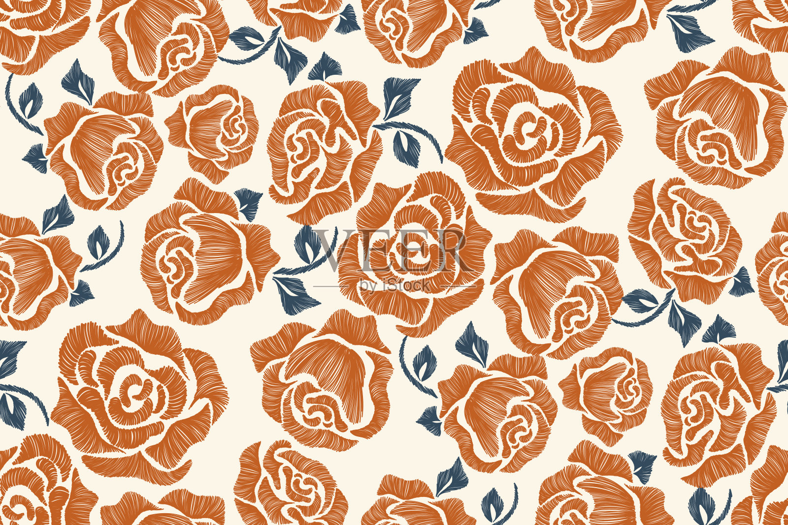 波西米亚玫瑰图案无缝。橙色玫瑰复古波西米亚伊卡特刺绣纹理设计矢量插图。插画图片素材