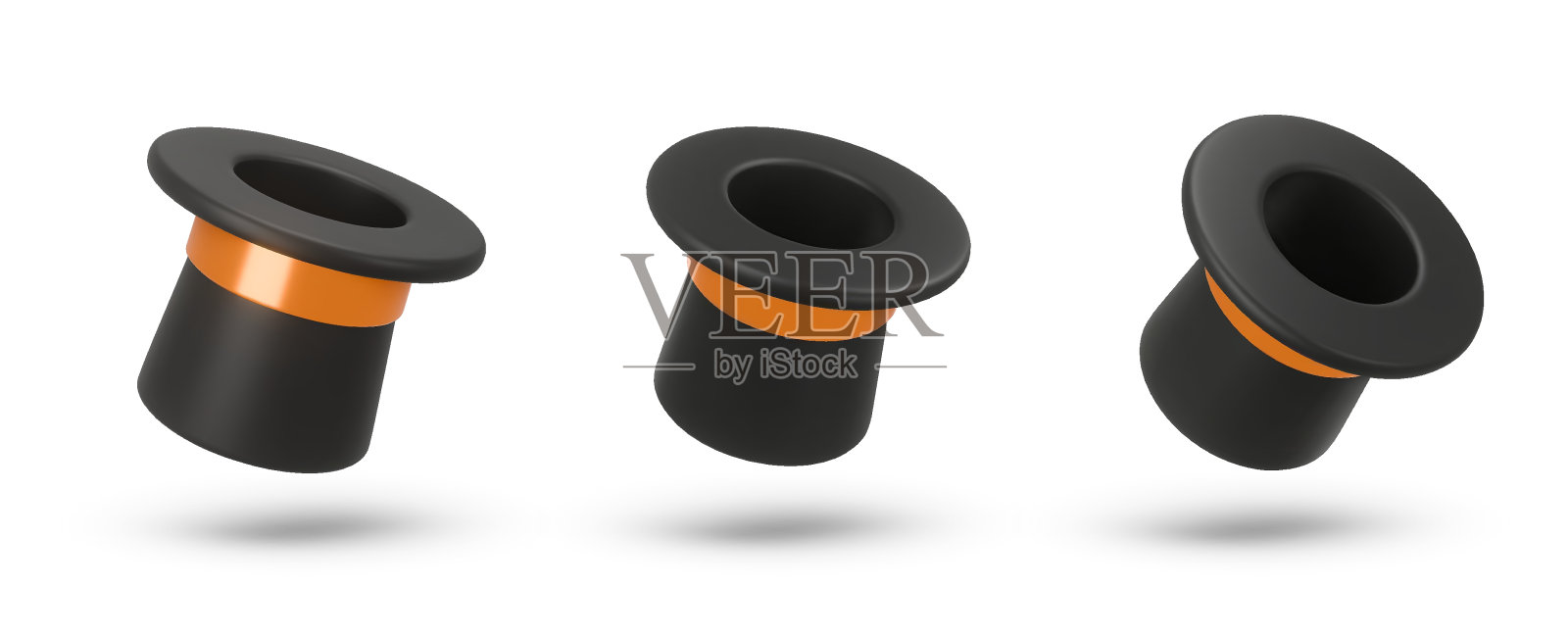 集三维渲染插图的圆筒魔法帽与金色丝带。复古人时尚和魔术表演的概念。矢量艺术隔离在白色背景插画图片素材