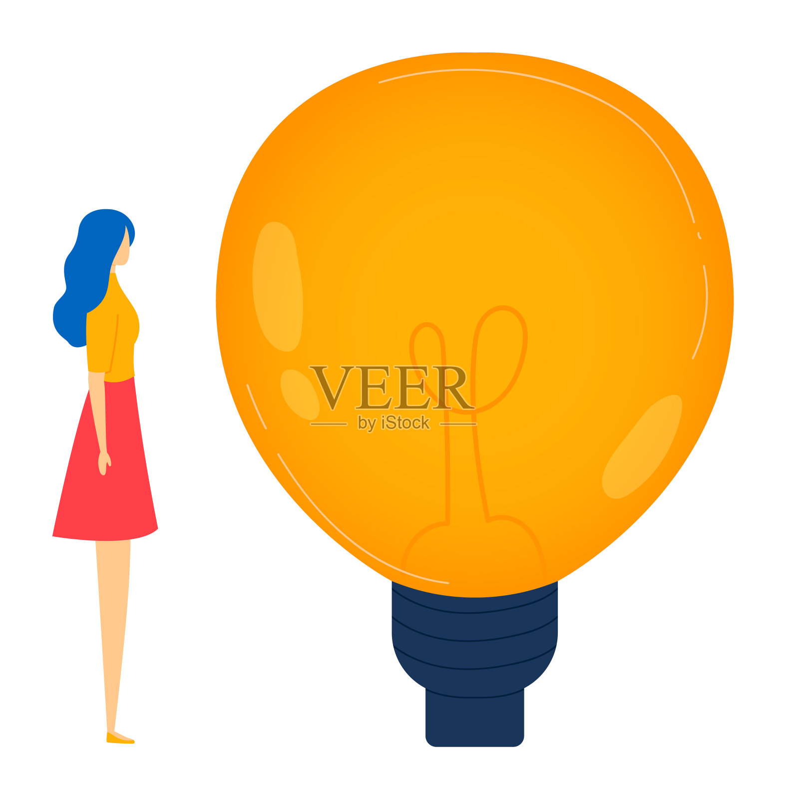 女人站在大灯泡旁边，沉思着。蓝头发的女性看起来超大的灯泡插画图片素材