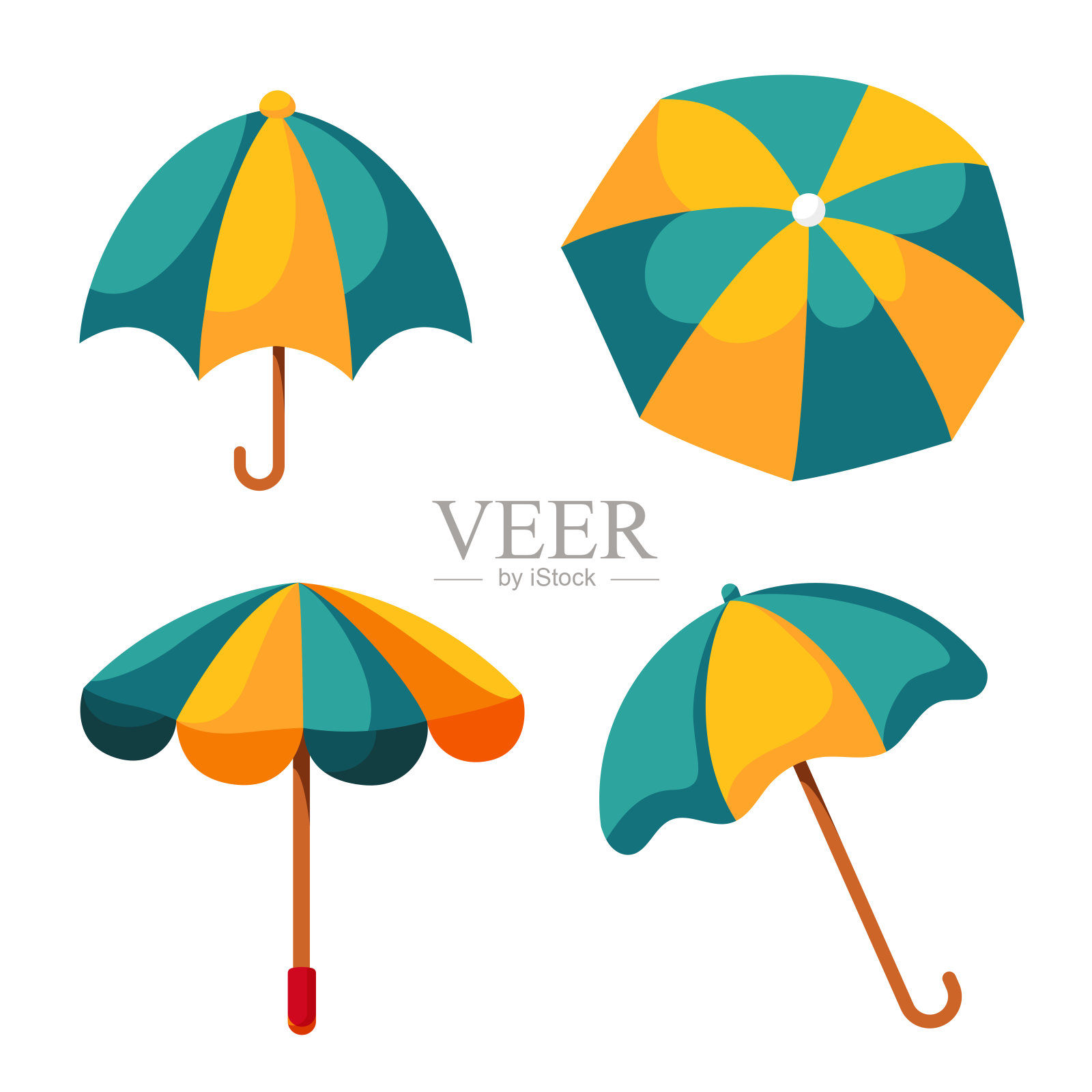 一套夏季沙滩伞插图。防止阳光照射。阳伞集合插画图片素材