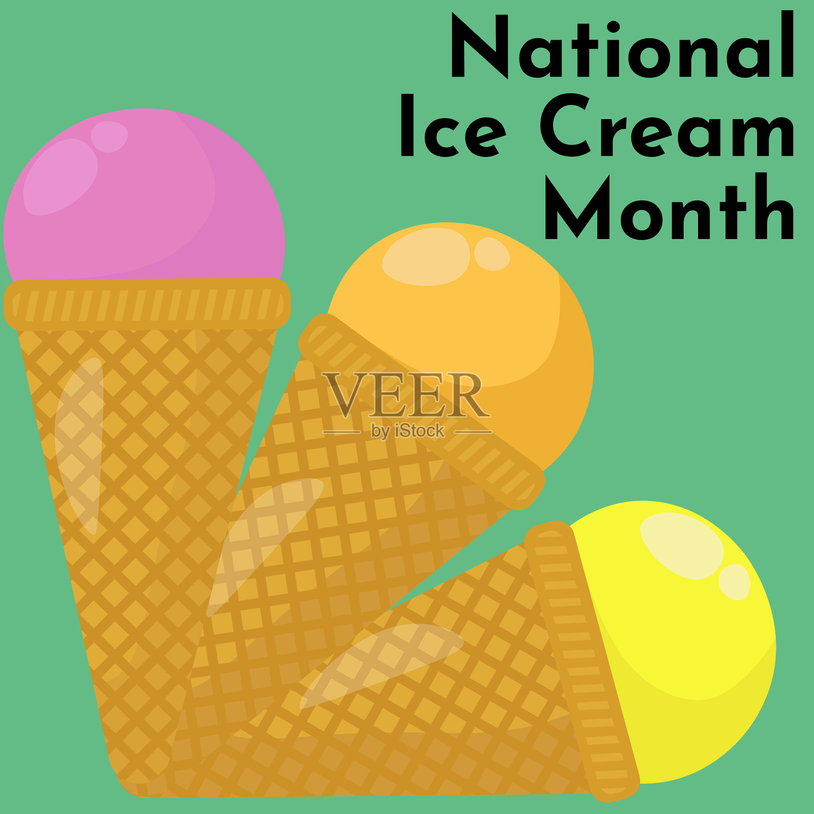 全国冰淇淋月，广场横幅或海报与冷甜点插画图片素材