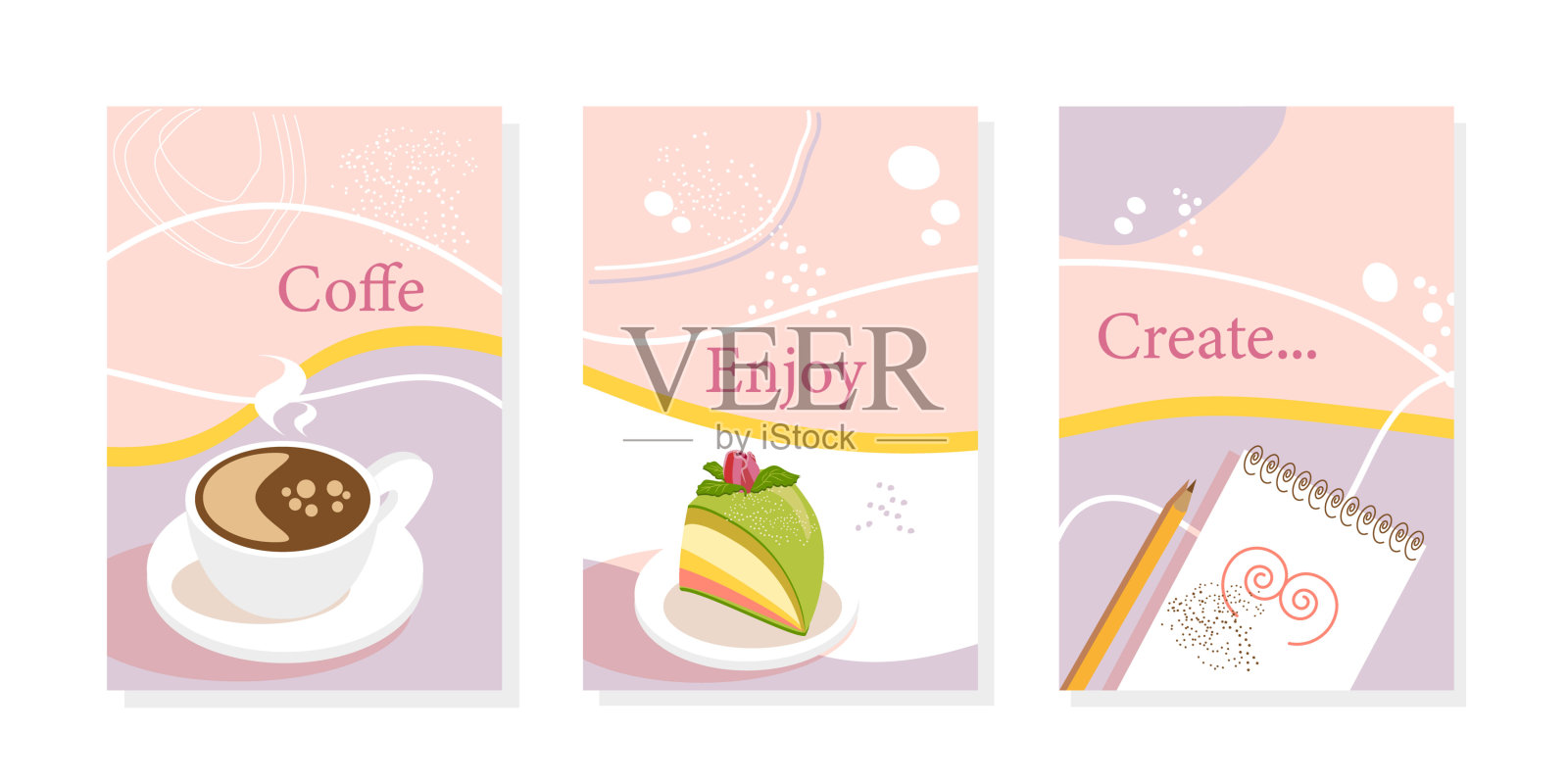 时尚的设置设计一杯热咖啡公主瑞典甜食和笔记本与铅笔。插画图片素材