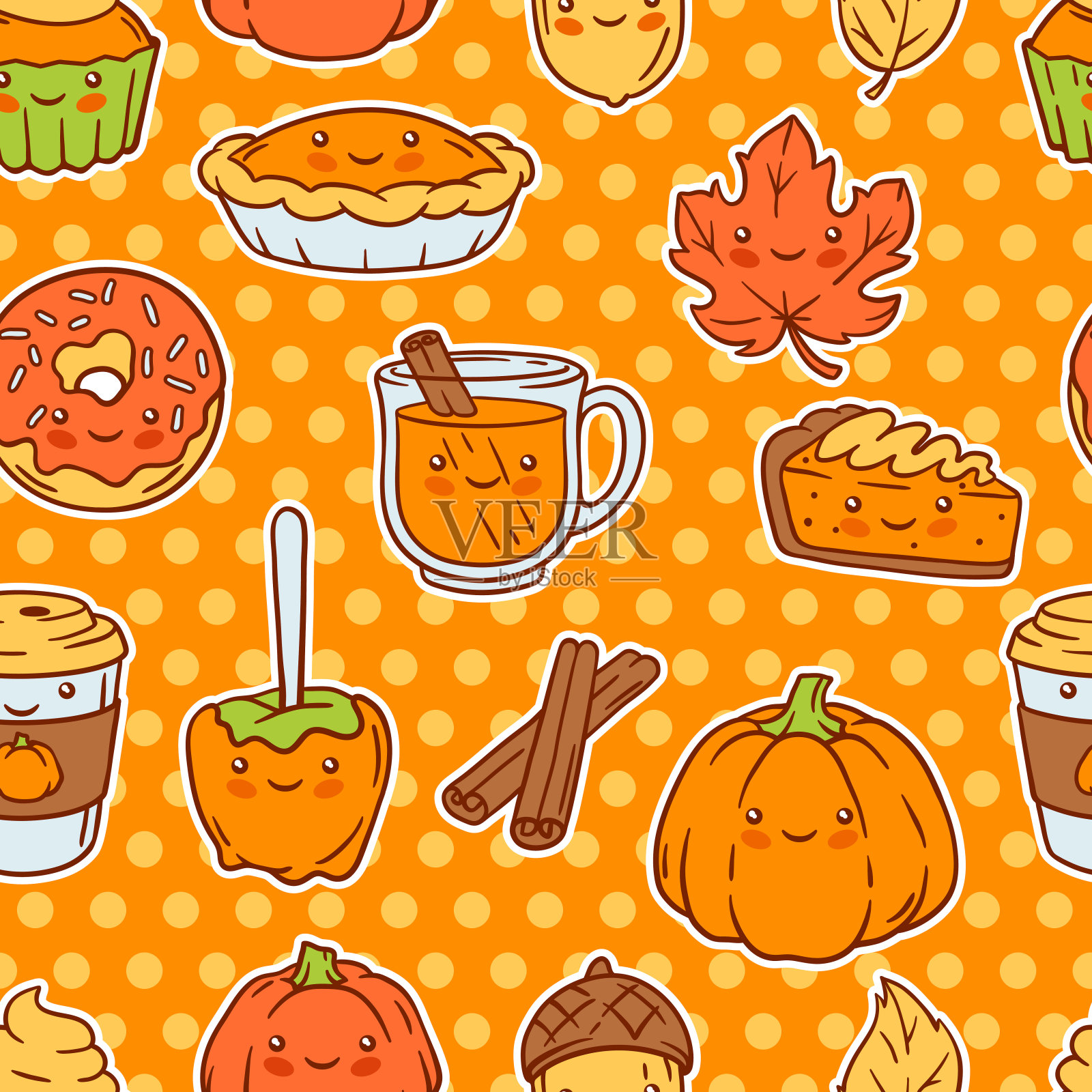 秋季卡哇伊图案。感恩节快乐和万圣节传统可爱的象征。插画图片素材