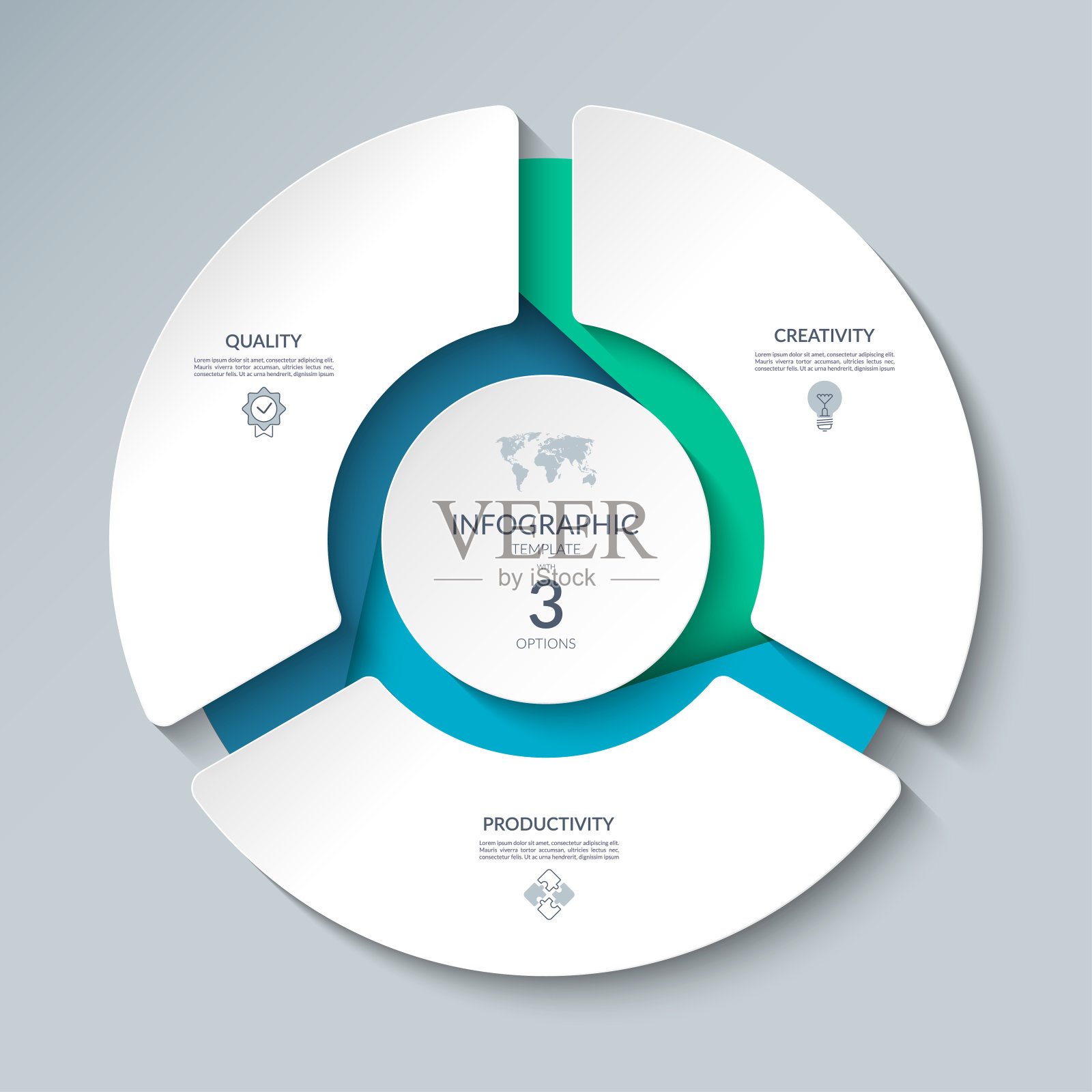 有3个选项的信息图圆形图。圆形图表，可用于业务分析，数据可视化和演示。矢量插图。插画图片素材