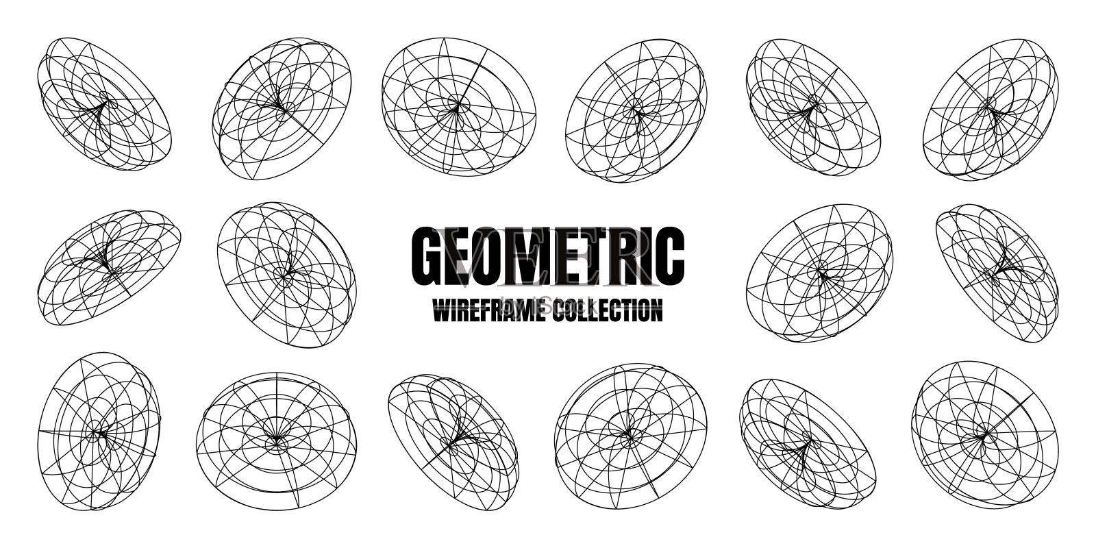 线框线条形状。透视网格，3d网格。低多边形几何元素。复古的未来主义设计元素，y2k，汽波和合成波风格。矢量图插画图片素材