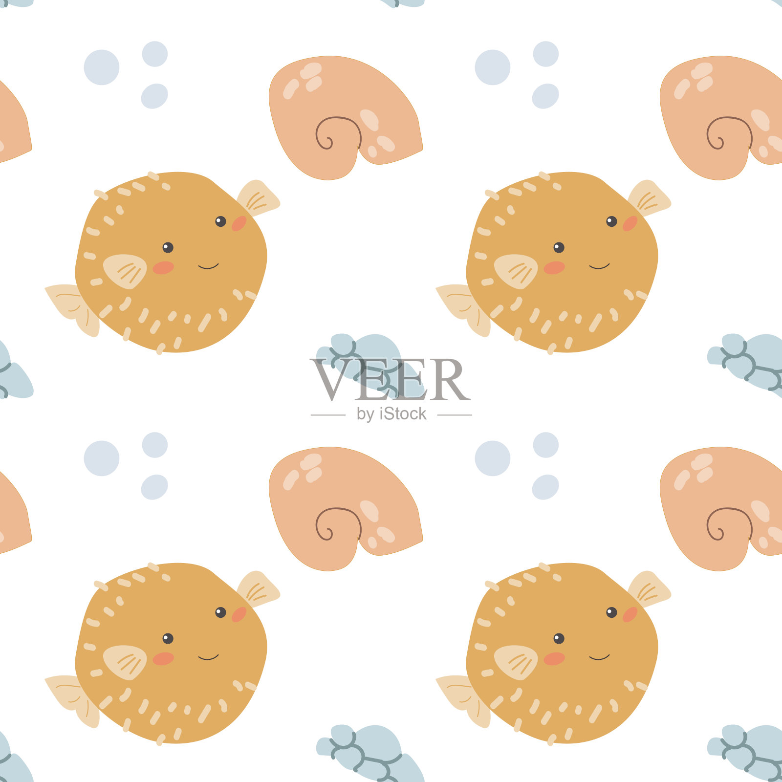 儿童海洋动物图案，儿童海洋生物无缝背景。插画图片素材