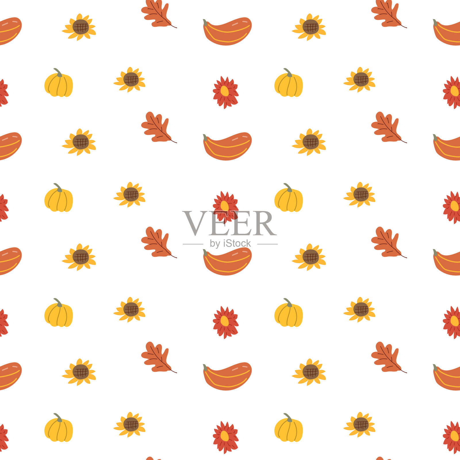 秋天的感恩图案有秋叶和植物、动物。可爱的面料设计。插画图片素材