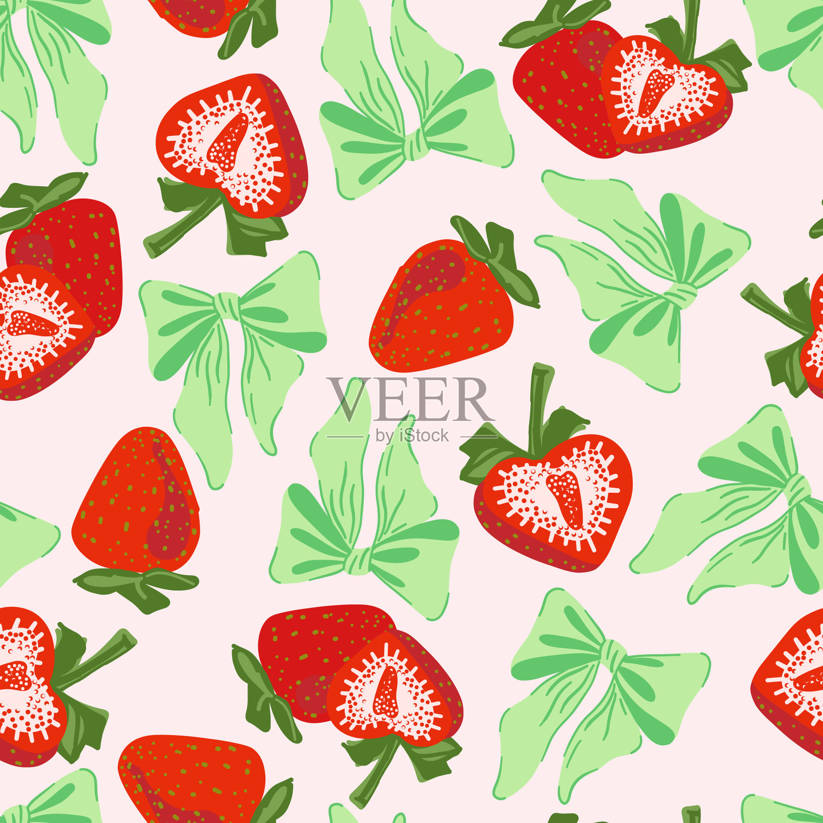 草莓和风骚蝴蝶结缎带无缝图案。甜草莓，绿蝴蝶结。时尚复古复古风格的美学壁纸。可爱的手绘卡通矢量插图孤立的粉红色插画图片素材