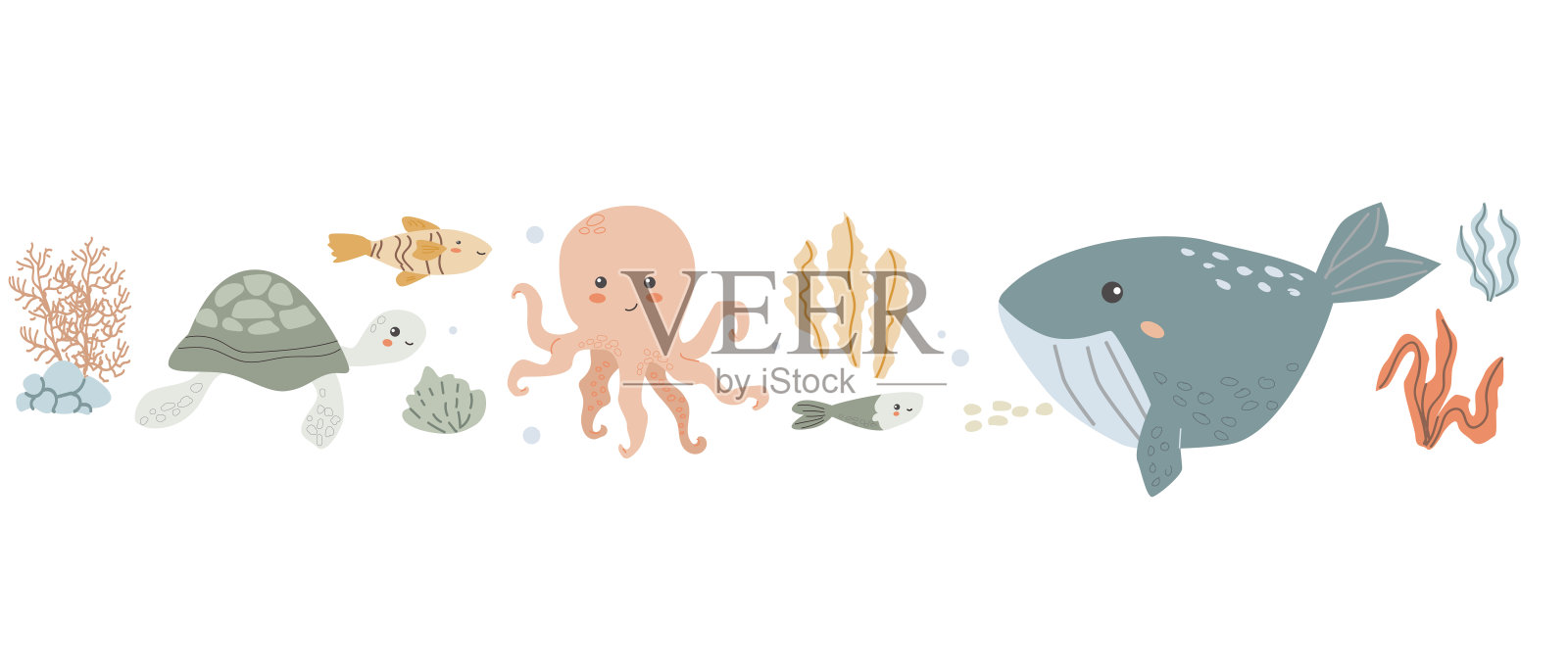 儿童海洋动物边界背景与植物框架。海洋元素设计插画图片素材