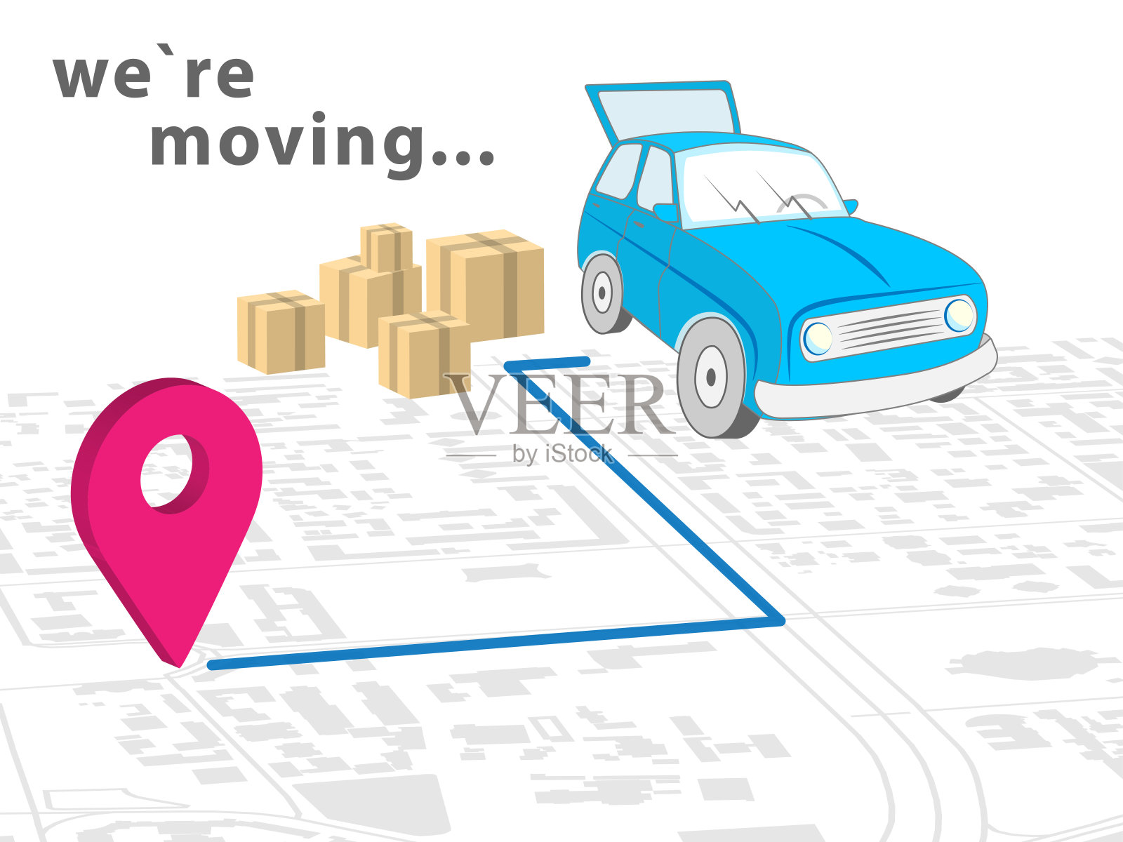 我们在移动。交通和家庭搬迁的概念。蓝色汽车和粉色3d地图上的位置标志。Five Boxes 3d在你的设计中移动。EPS10插画图片素材