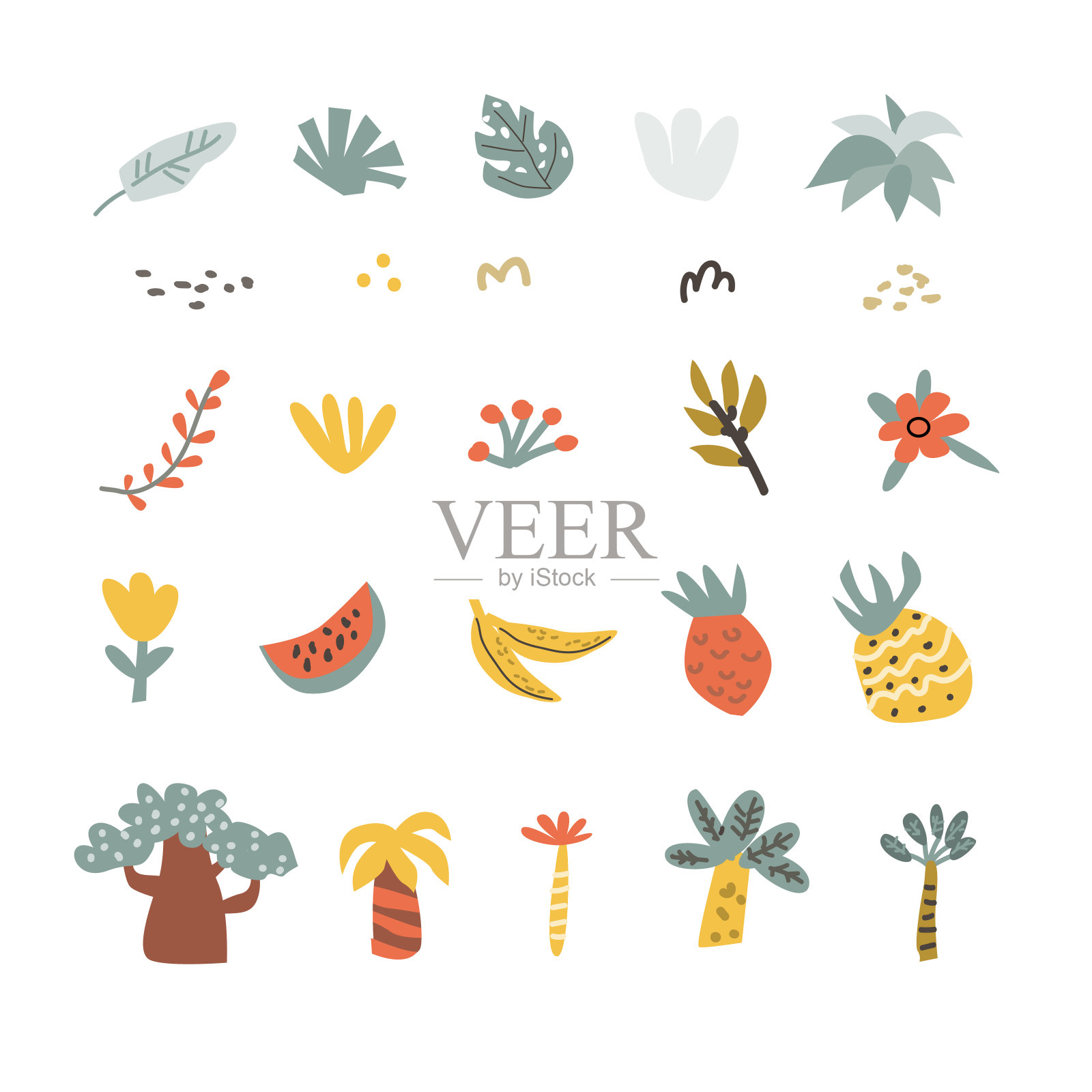 儿童花卉元素为儿童设计。热带夏季植物插画图片素材