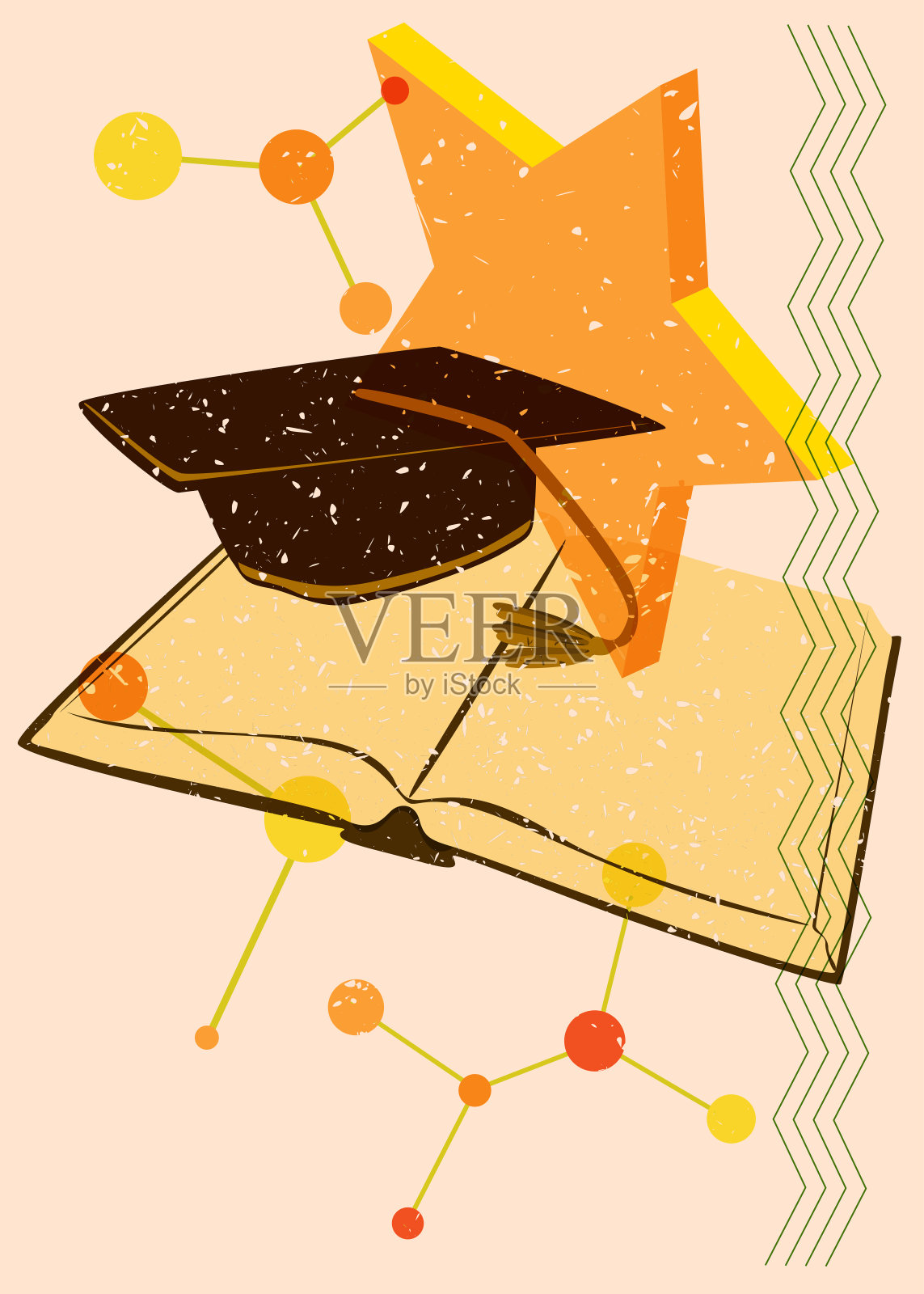 几何形状的Risograph book和毕业帽。物体以时尚的riso图形打印纹理风格设计与几何元素。插画图片素材