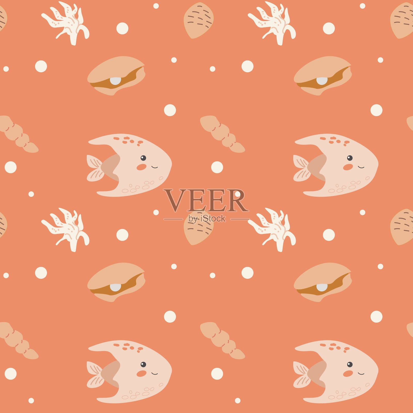 儿童海洋动物图案，儿童海洋生物无缝背景。插画图片素材