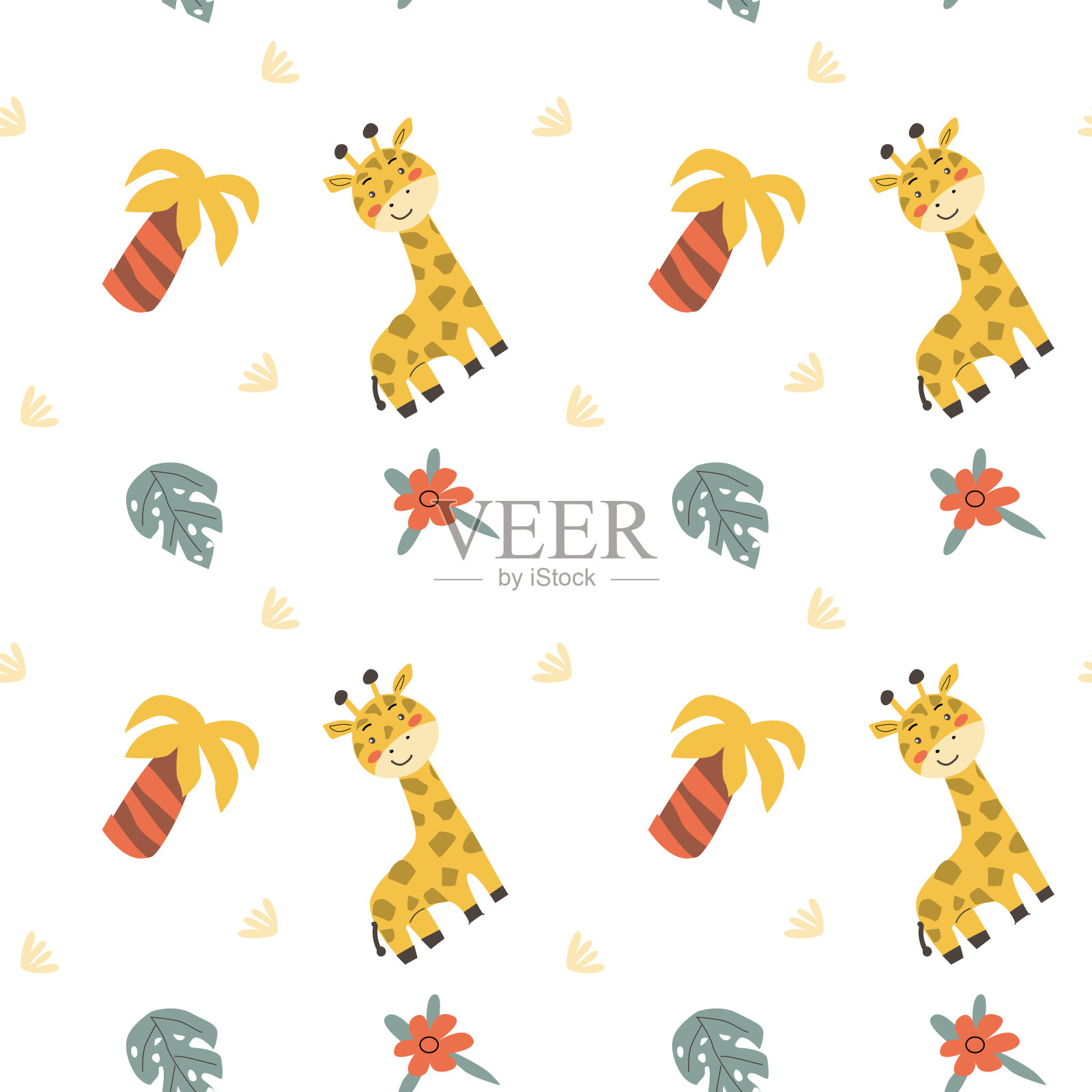 儿童动物以热带植物为图案。幼稚可爱的印花设计插画图片素材